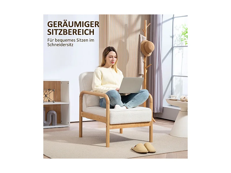 Fauteuil lounge avec accoudoirs, grand siège confortable, pieds en bois, tissu bouclé, pour salon et chambre (67x80x83 cm)