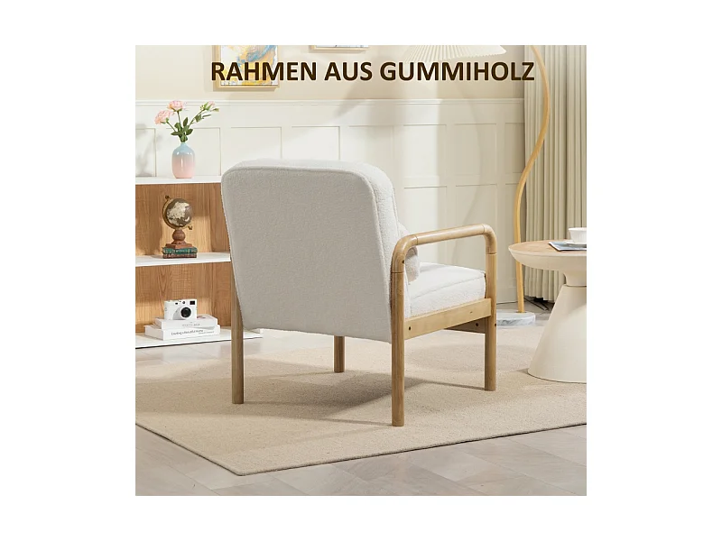 Fauteuil lounge avec accoudoirs, grand siège confortable, pieds en bois, tissu bouclé, pour salon et chambre (67x80x83 cm)