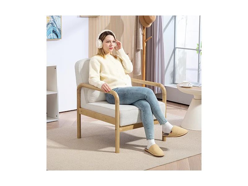 Fauteuil lounge avec accoudoirs, grand siège confortable, pieds en bois, tissu bouclé, pour salon et chambre (67x80x83 cm)