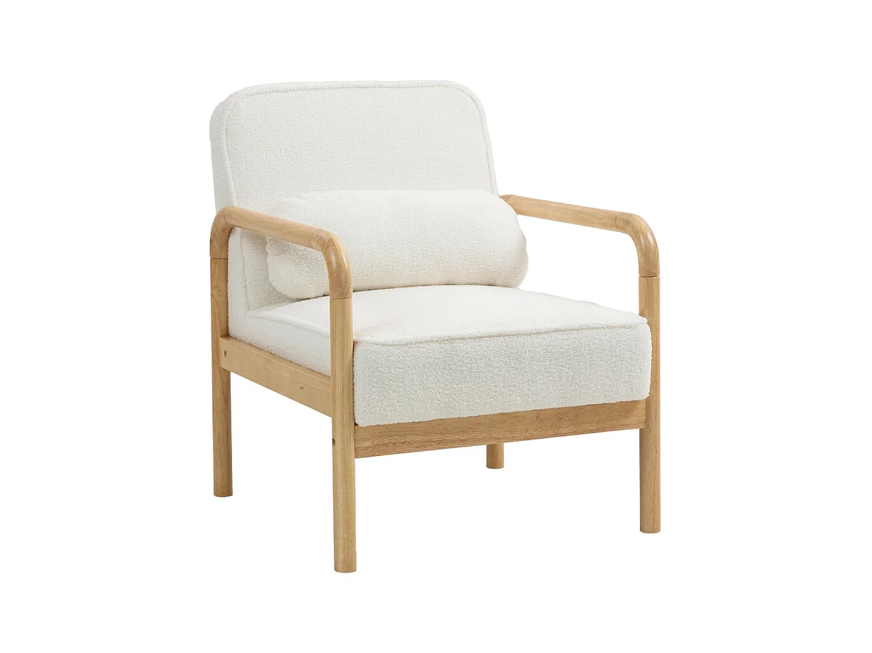 Fauteuil lounge avec accoudoirs, grand siège confortable, pieds en bois, tissu bouclé, pour salon et chambre (67x80x83 cm)