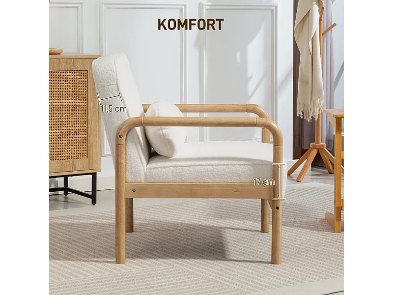 Fauteuil lounge avec accoudoirs, grand siège confortable, pieds en bois, tissu bouclé, pour salon et chambre (67x80x83 cm)