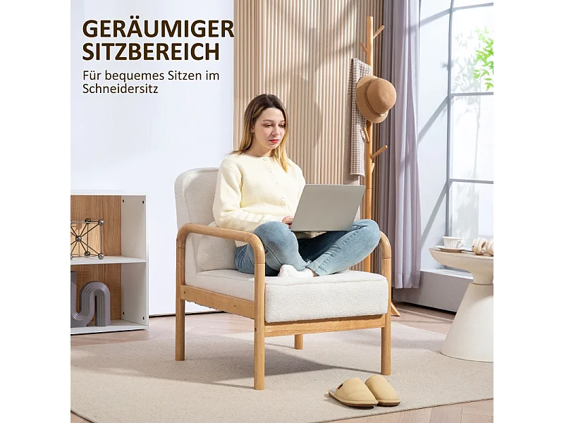 Fauteuil lounge avec accoudoirs, grand siège confortable, pieds en bois, tissu bouclé, pour salon et chambre (67x80x83 cm)