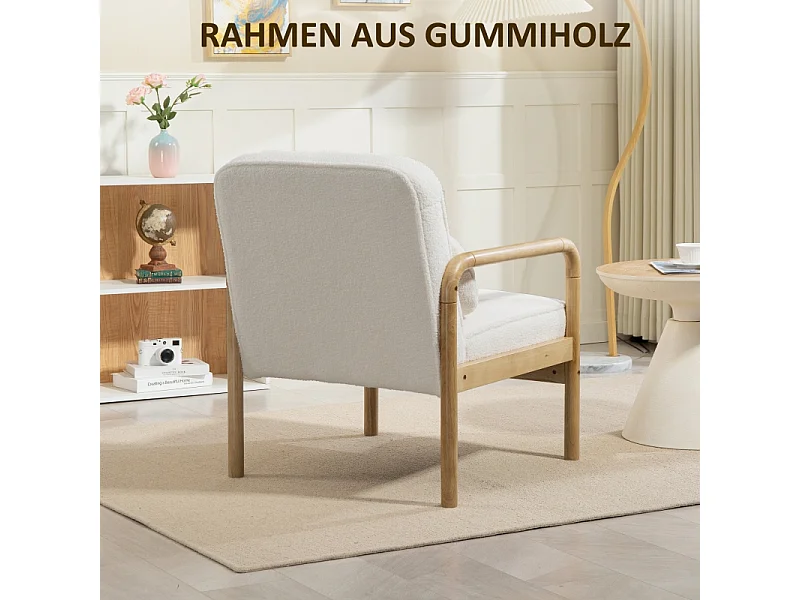 Fauteuil lounge avec accoudoirs, grand siège confortable, pieds en bois, tissu bouclé, pour salon et chambre (67x80x83 cm)