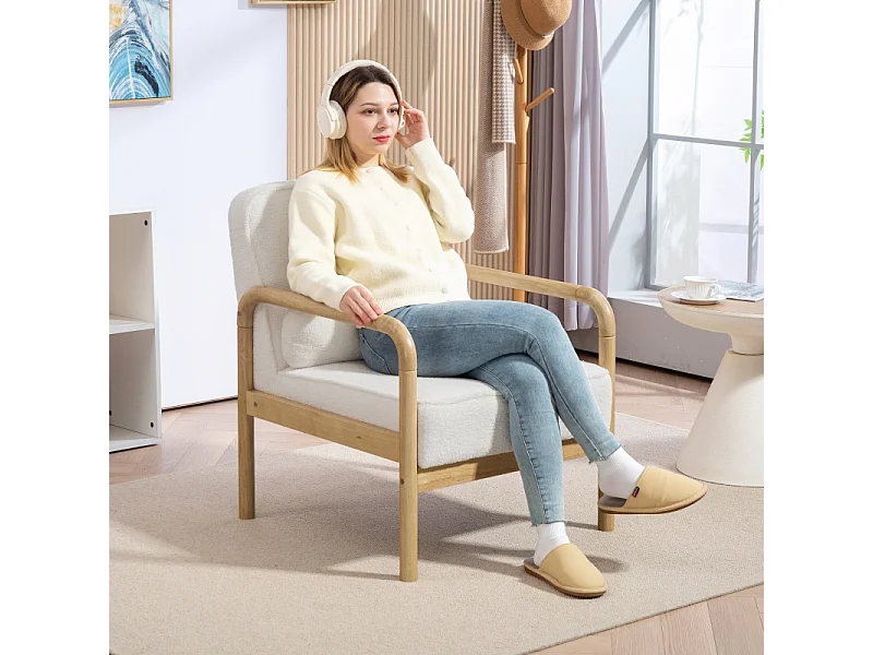 Fauteuil lounge avec accoudoirs, grand siège confortable, pieds en bois, tissu bouclé, pour salon et chambre (67x80x83 cm)