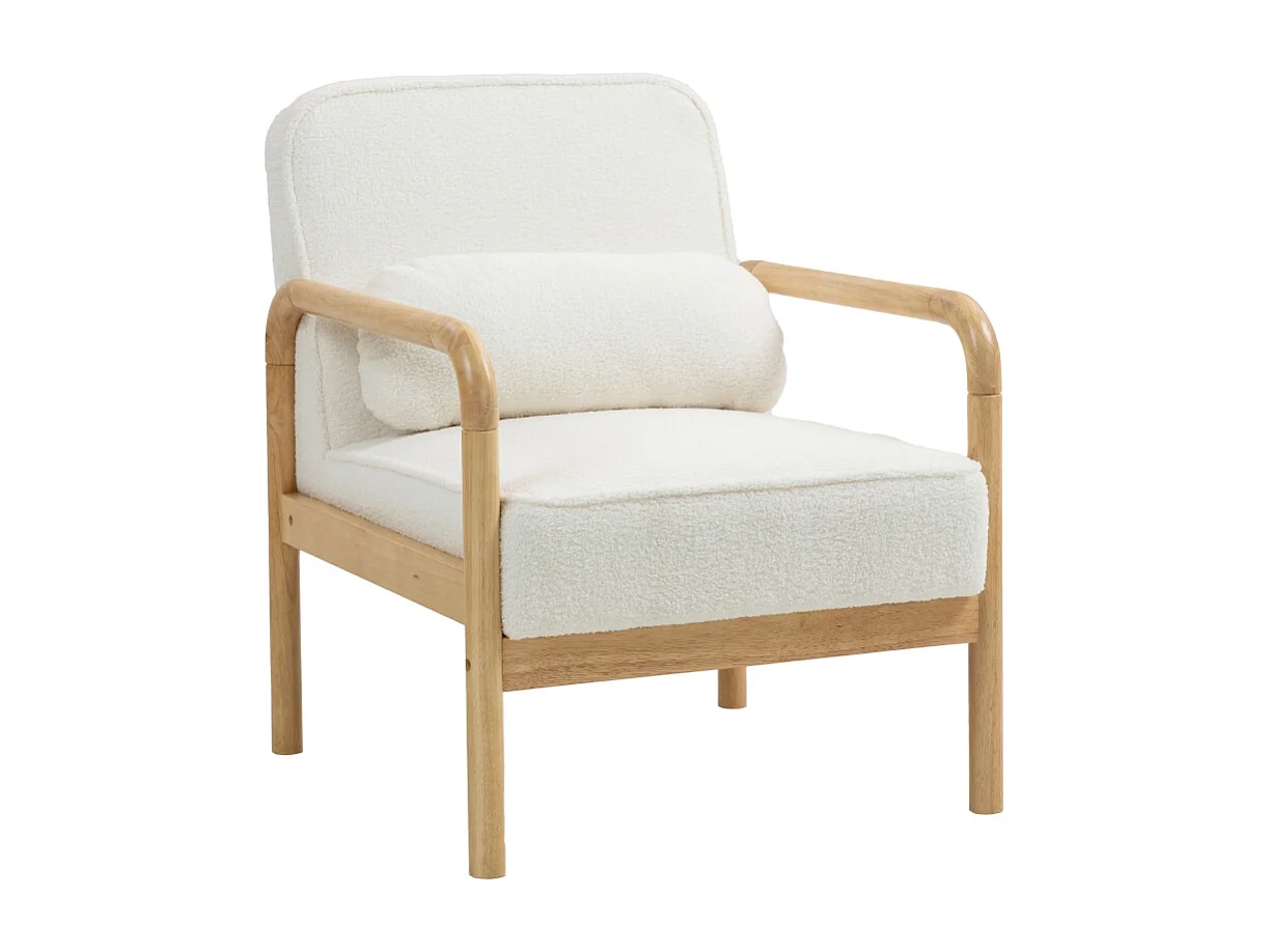 Fauteuil lounge avec accoudoirs, grand siège confortable, pieds en bois, tissu bouclé, pour salon et chambre (67x80x83 cm)