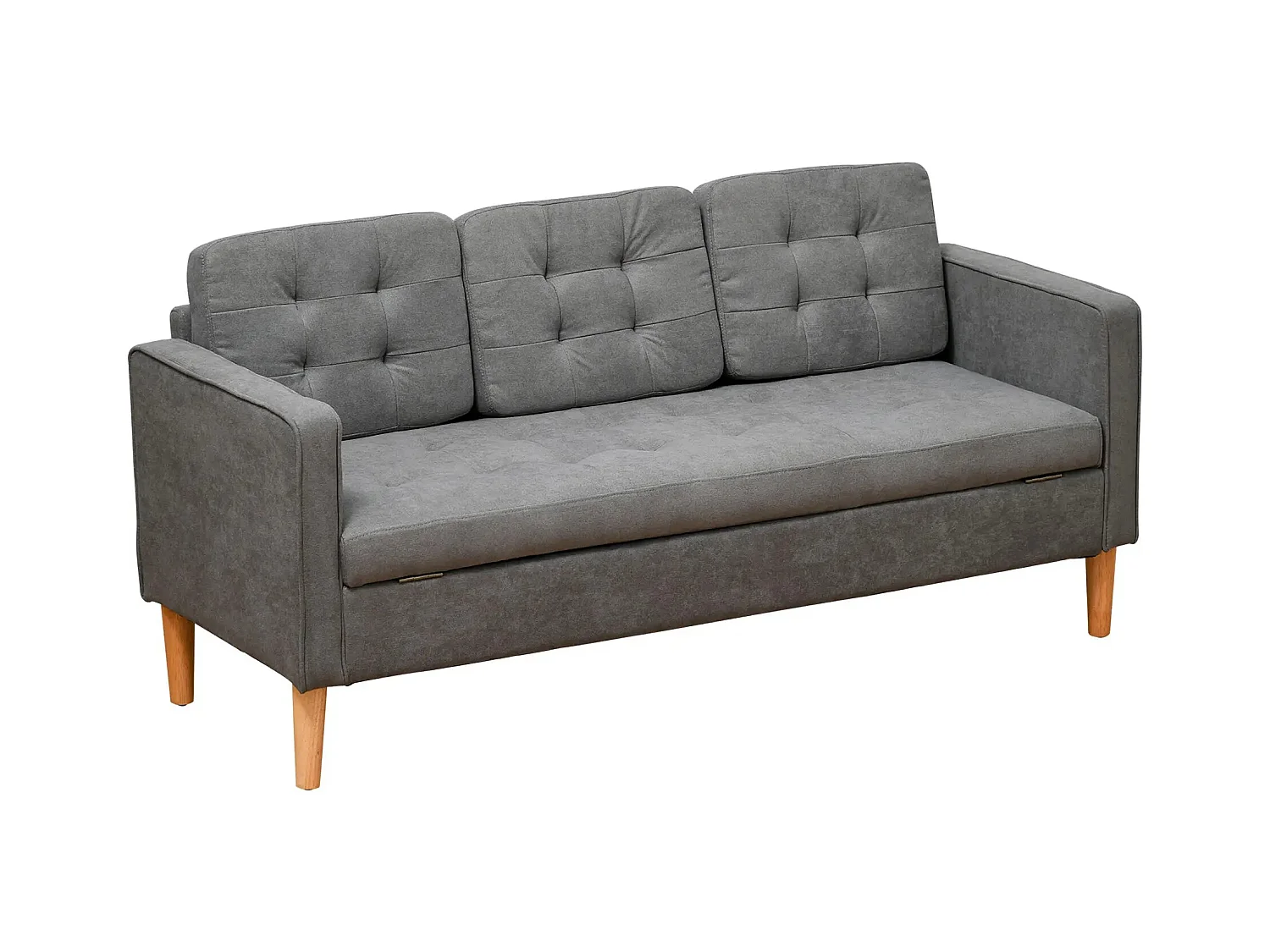 Canapé 3 places, avec coussins amovibles, en tissu, bois, gris (166.5x62x82 cm)