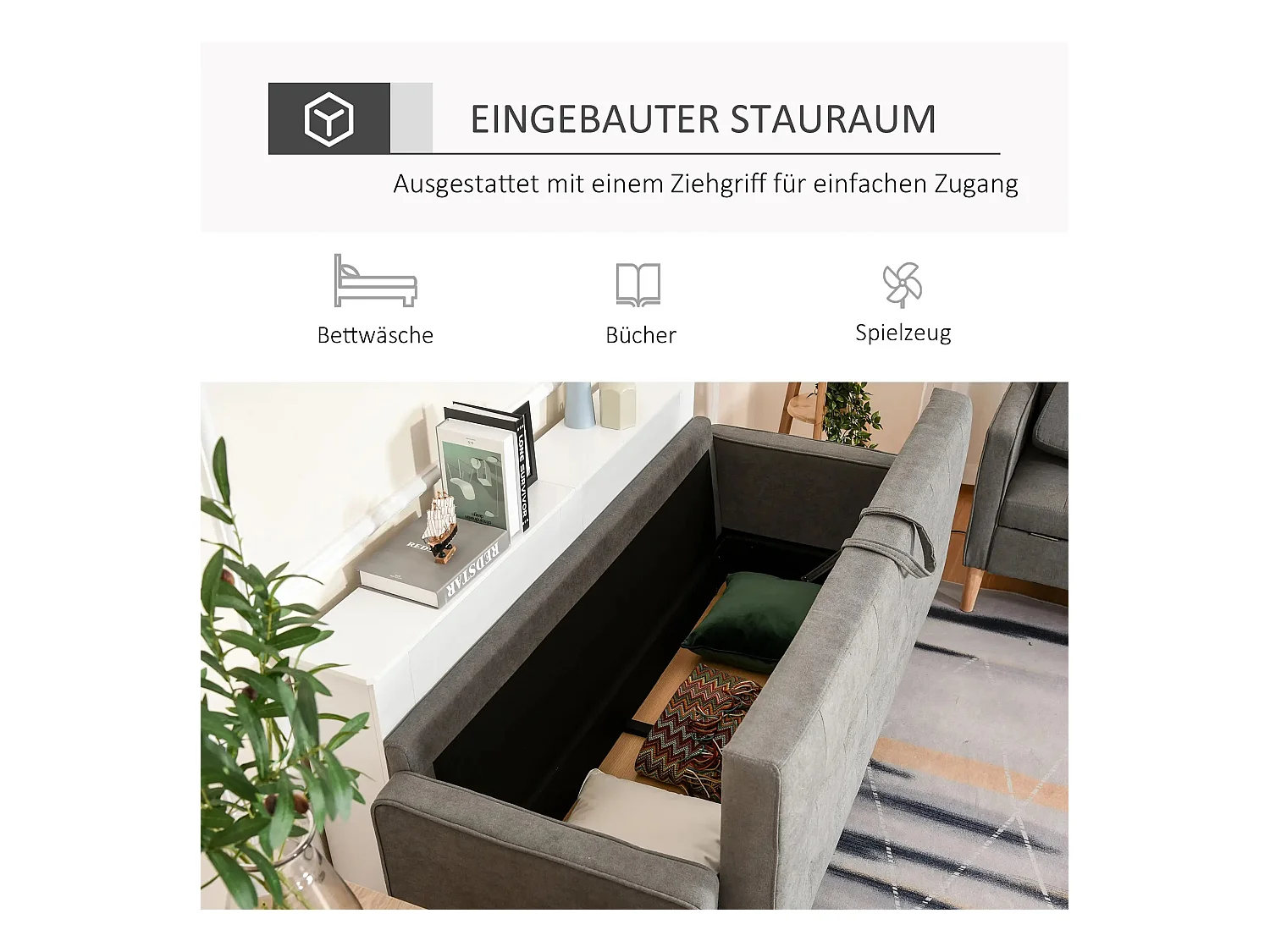 Canapé 3 places, avec coussins amovibles, en tissu, bois, gris (166.5x62x82 cm)