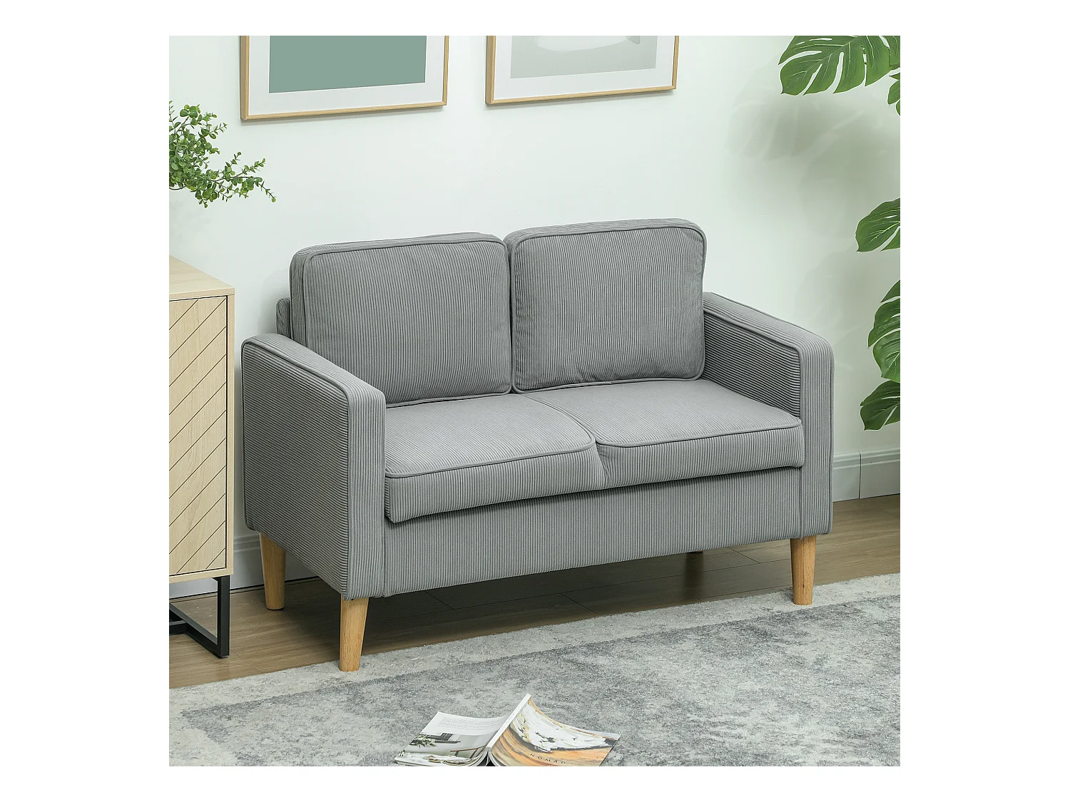 Canapé 2 places compact avec accoudoirs, rangement intégré, tissu à effet velours, pieds en bois, gris clair (117x63x79 cm)
