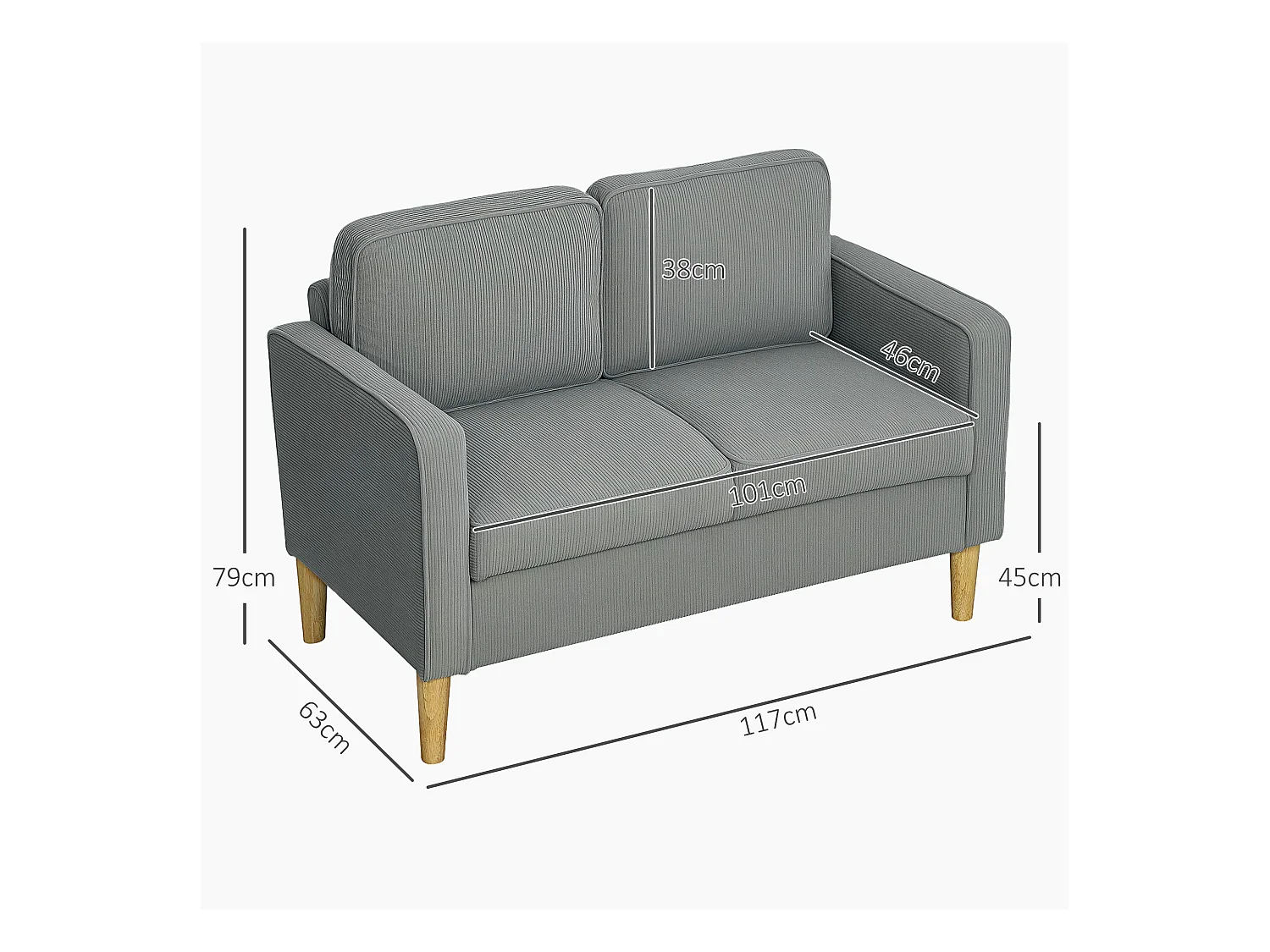 Canapé 2 places compact avec accoudoirs, rangement intégré, tissu à effet velours, pieds en bois, gris clair (117x63x79 cm)