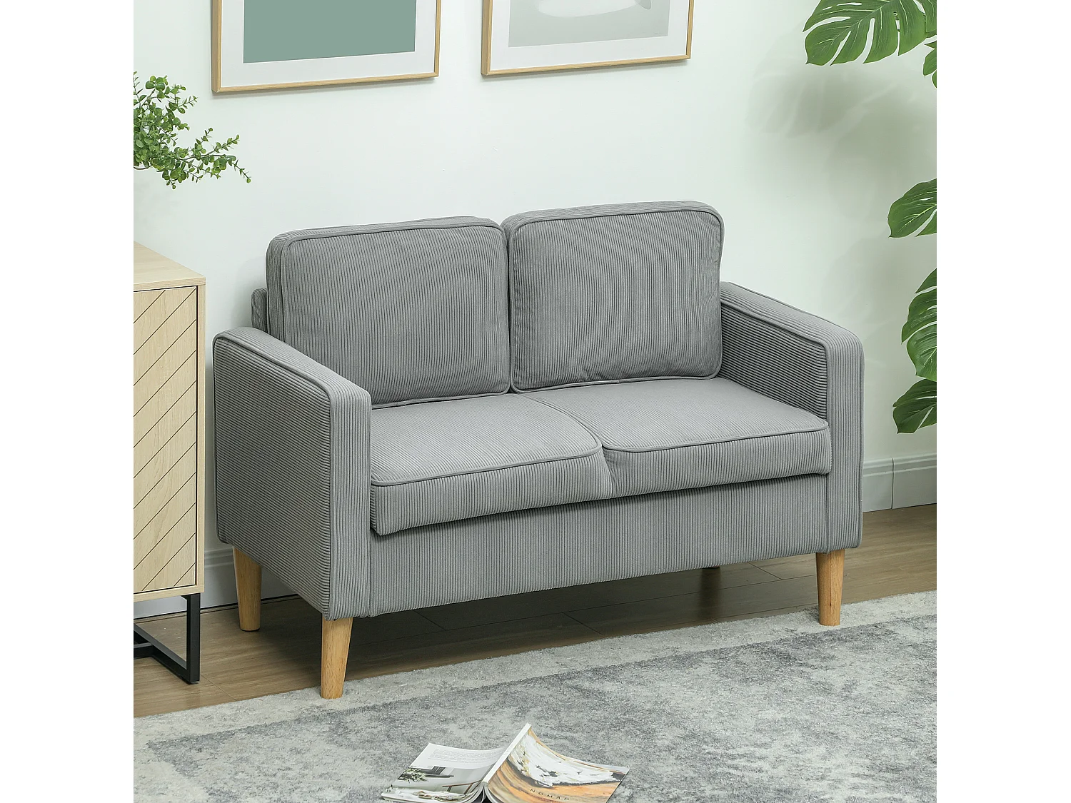Compacte 2-zitsbank met armleuningen, geïntegreerde opbergruimte, fluweelachtige stof, houten poten, lichtgrijs (117x63x79 cm)