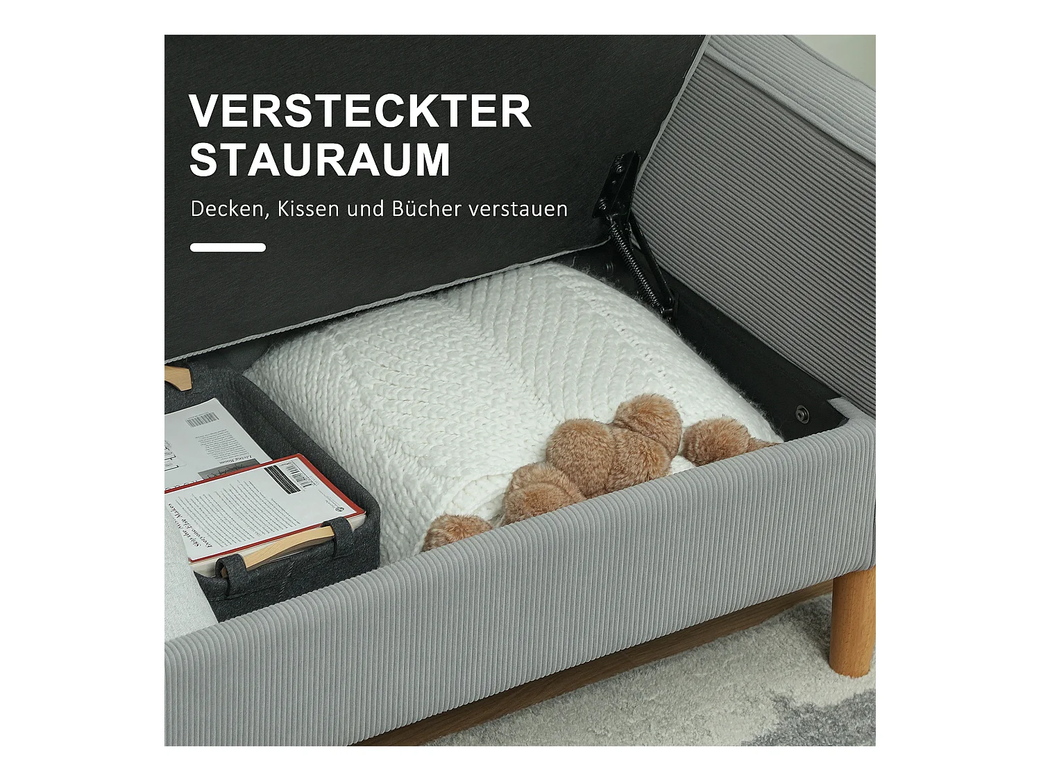 Compacte 2-zitsbank met armleuningen, geïntegreerde opbergruimte, fluweelachtige stof, houten poten, lichtgrijs (117x63x79 cm)