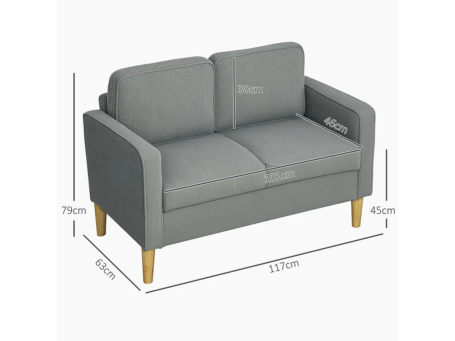 Compacte 2-zitsbank met armleuningen, geïntegreerde opbergruimte, fluweelachtige stof, houten poten, lichtgrijs (117x63x79 cm)