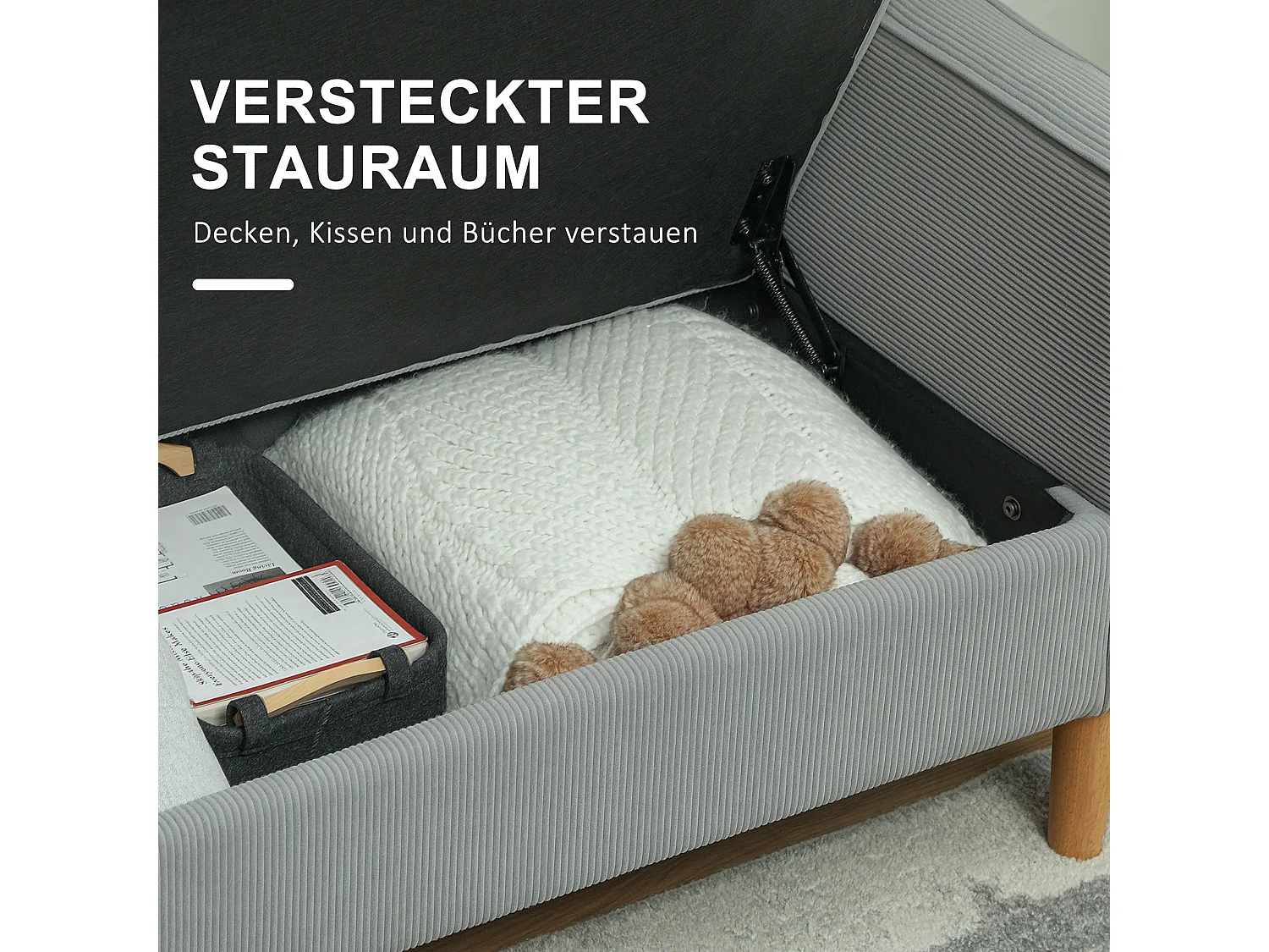 Compacte 2-zitsbank met armleuningen, geïntegreerde opbergruimte, fluweelachtige stof, houten poten, lichtgrijs (117x63x79 cm)