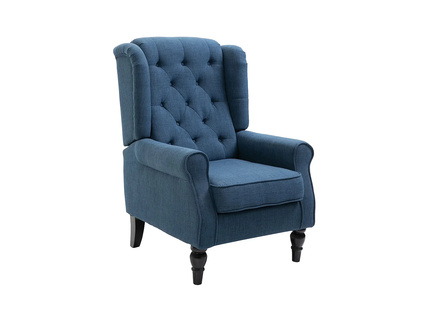 Fauteuil oreilles capitonné, dossier haut, polyester, pieds bois, bleu (74x86x102cm)