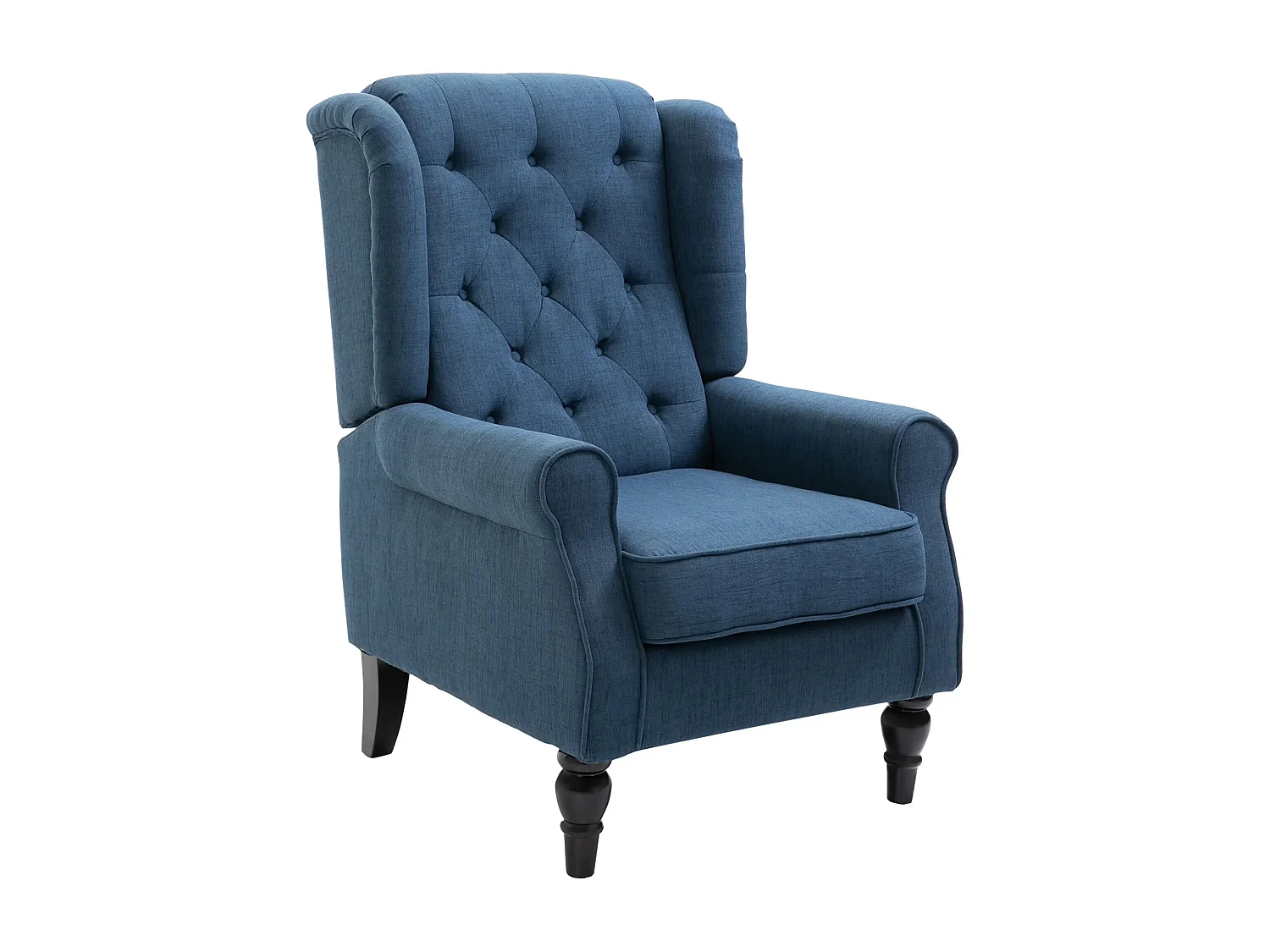 Sillón orejero tapizado, respaldo alto, poliéster, patas de madera, color azul (74x86x102cm)