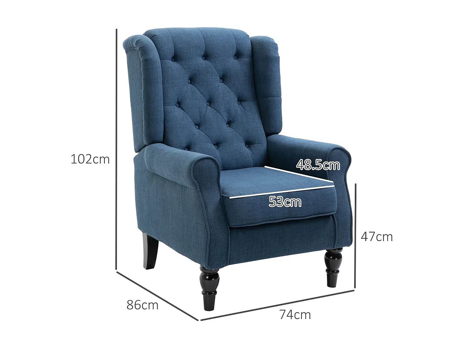 Sillón orejero tapizado, respaldo alto, poliéster, patas de madera, color azul (74x86x102cm)