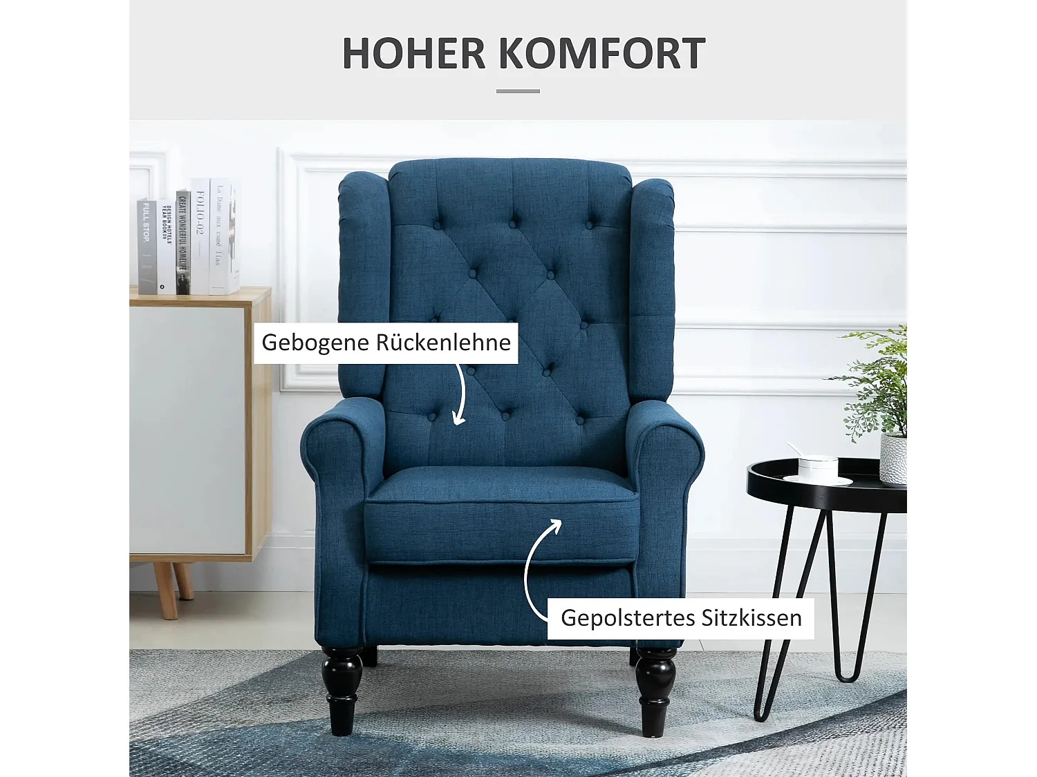 Sillón orejero tapizado, respaldo alto, poliéster, patas de madera, color azul (74x86x102cm)