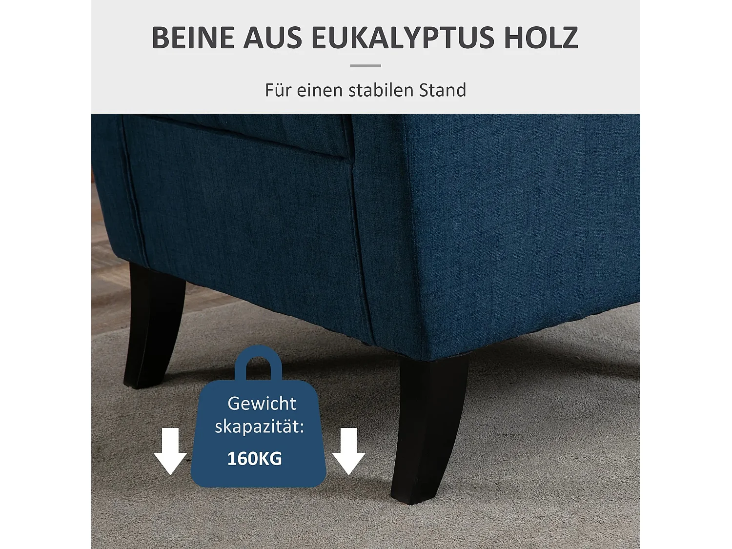 Sillón orejero tapizado, respaldo alto, poliéster, patas de madera, color azul (74x86x102cm)