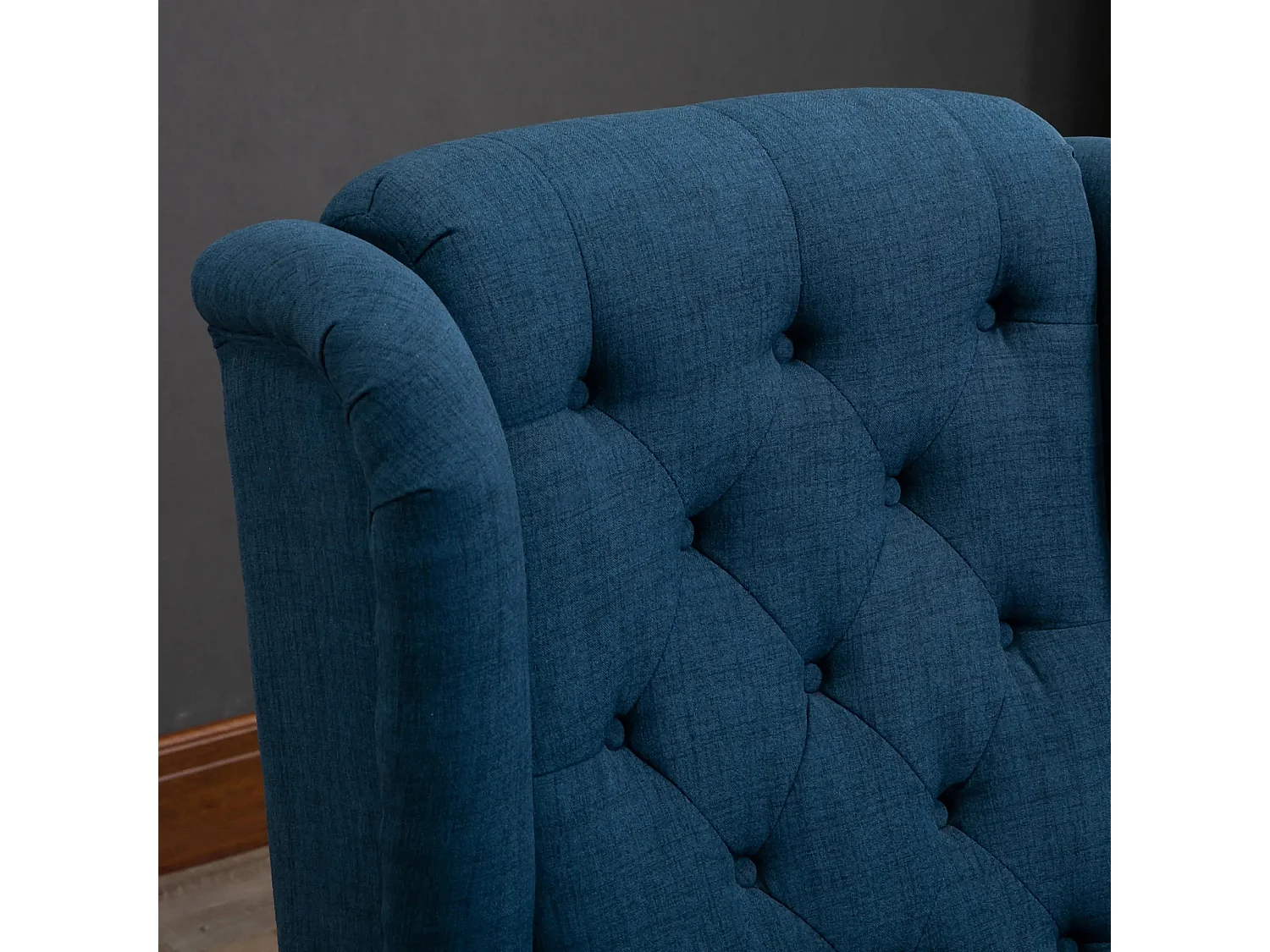 Sillón orejero tapizado, respaldo alto, poliéster, patas de madera, color azul (74x86x102cm)