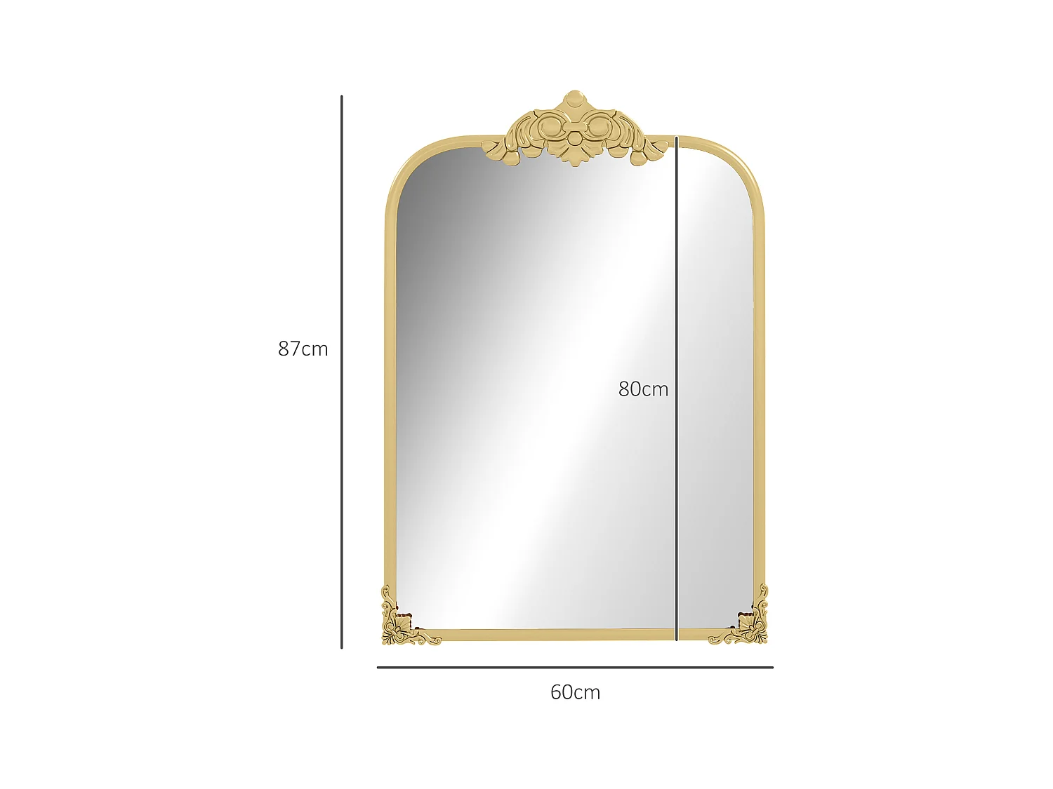 Miroir mural Baroque, cadre décoratif en métal, doré, 60x87.5 cm