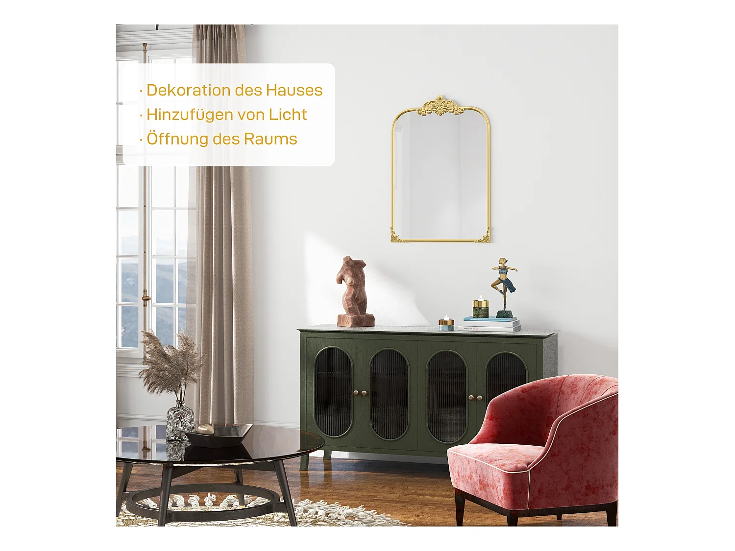 Miroir mural Baroque, cadre décoratif en métal, doré, 60x87.5 cm