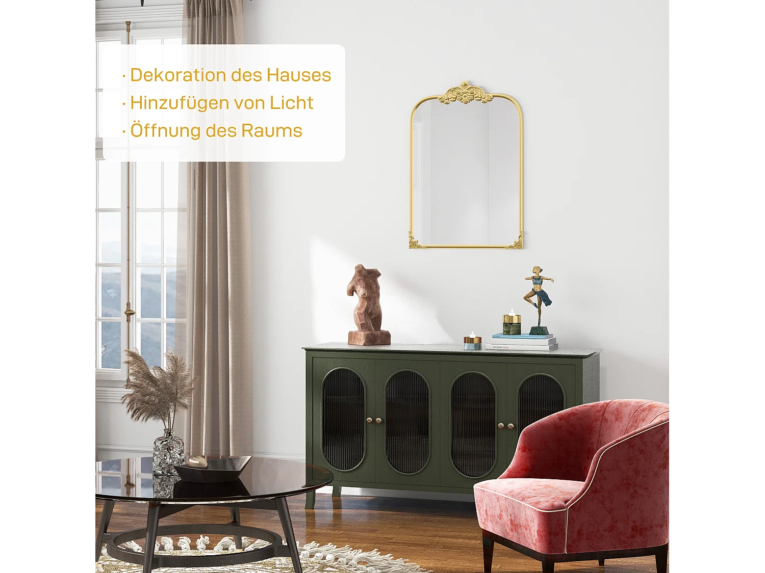 Miroir mural Baroque, cadre décoratif en métal, doré, 60x87.5 cm