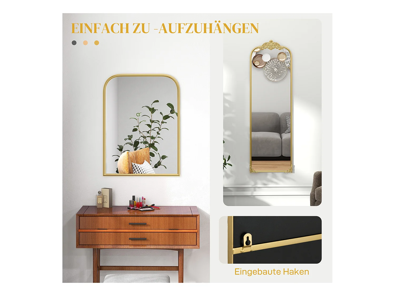 Miroir mural Baroque, cadre décoratif en métal, doré, 60x87.5 cm