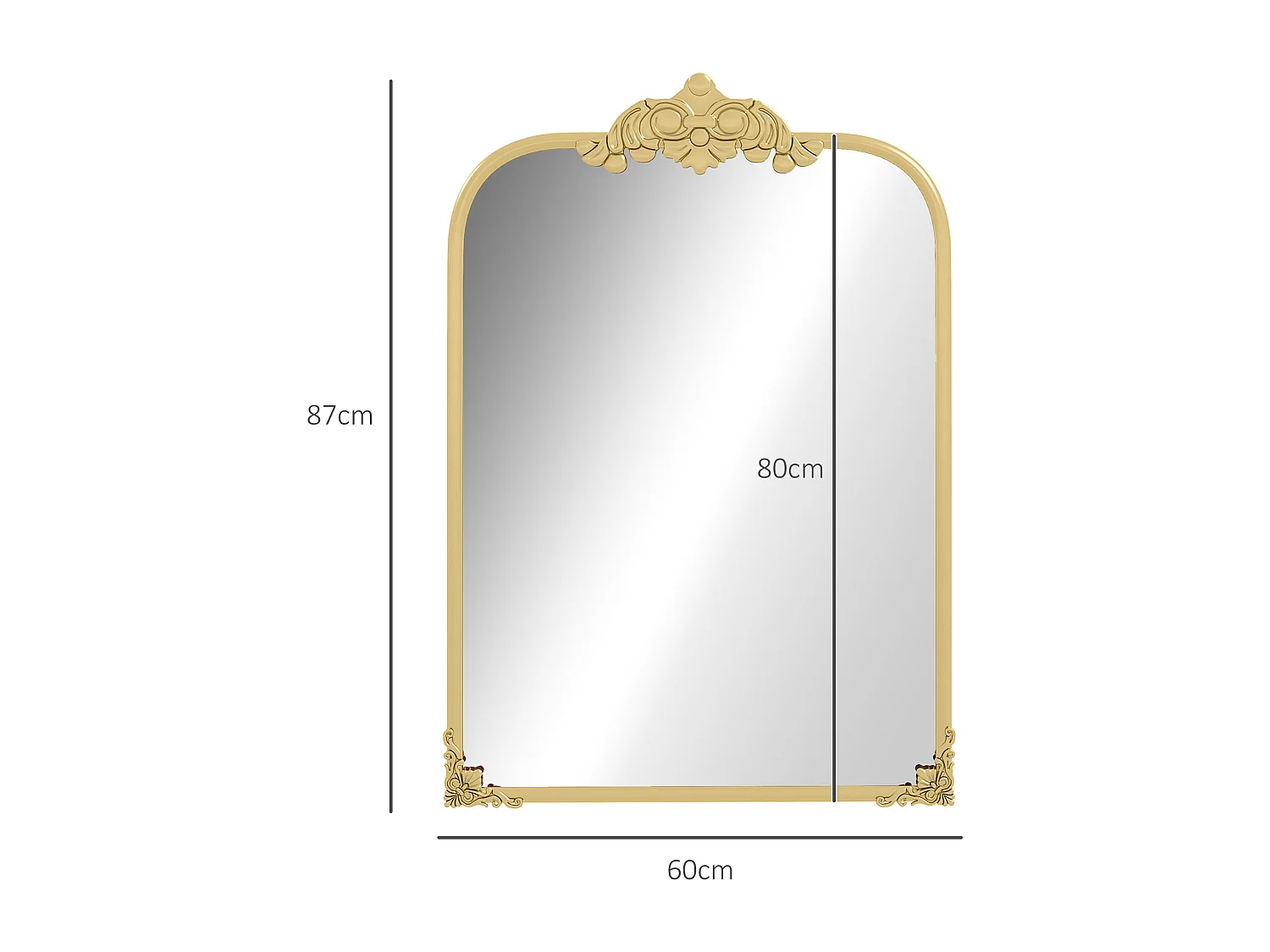 Miroir mural Baroque, cadre décoratif en métal, doré, 60x87.5 cm