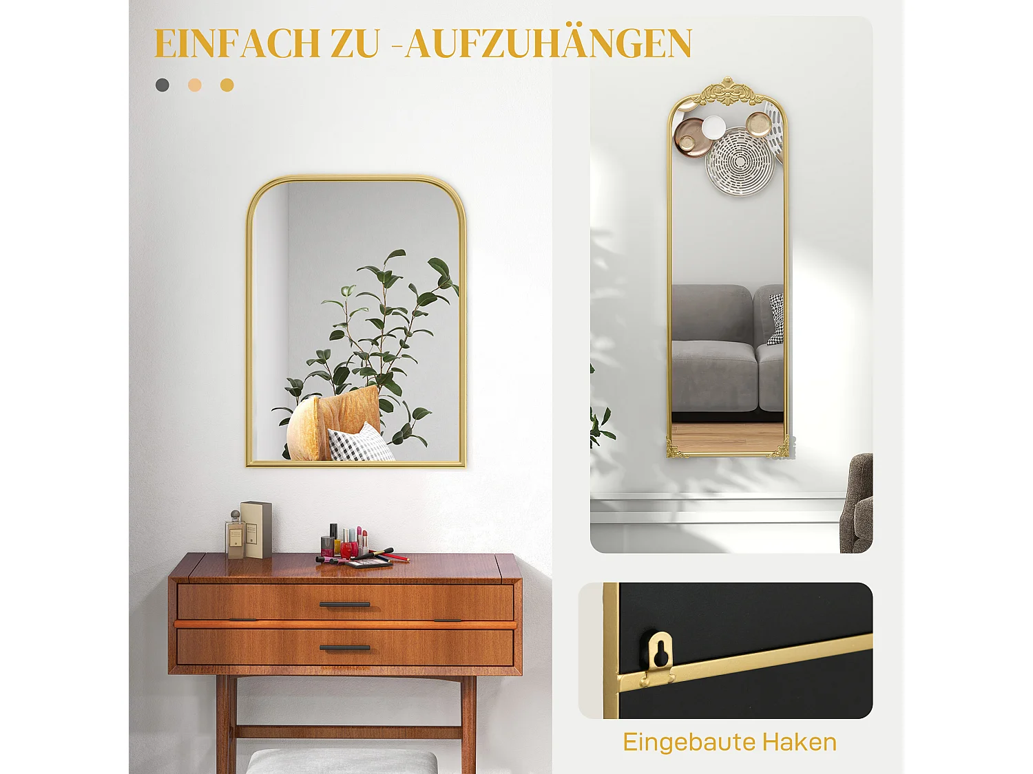 Miroir mural Baroque, cadre décoratif en métal, doré, 60x87.5 cm