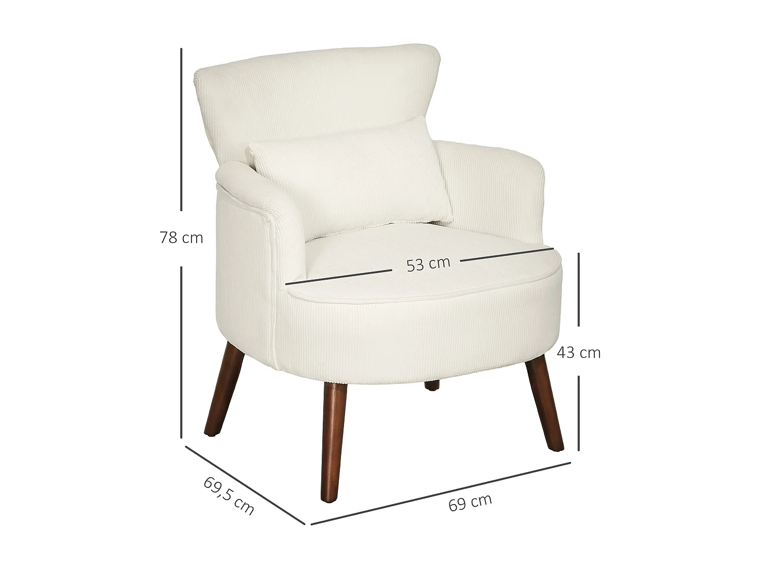 Fauteuil avec accoudoirs arrondis, en tissu chenille, avec pieds en bois, crème (69x69.5x78 cm)