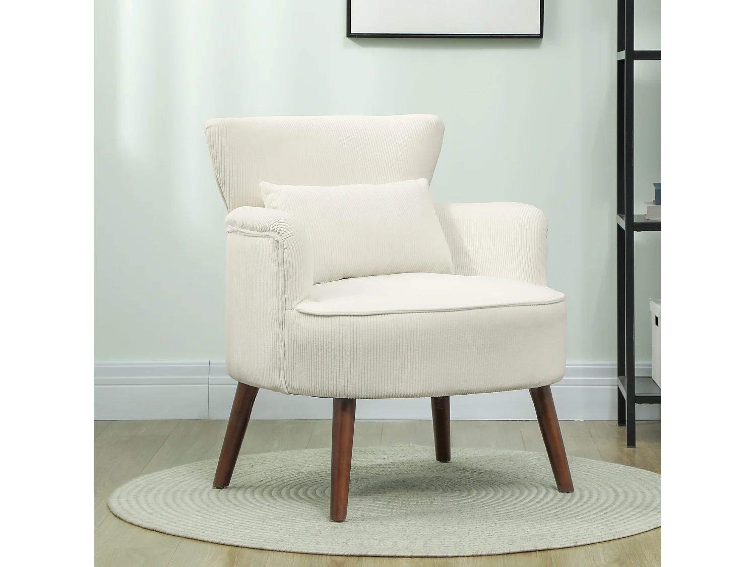 Fauteuil avec accoudoirs arrondis, en tissu chenille, avec pieds en bois, crème (69x69.5x78 cm)