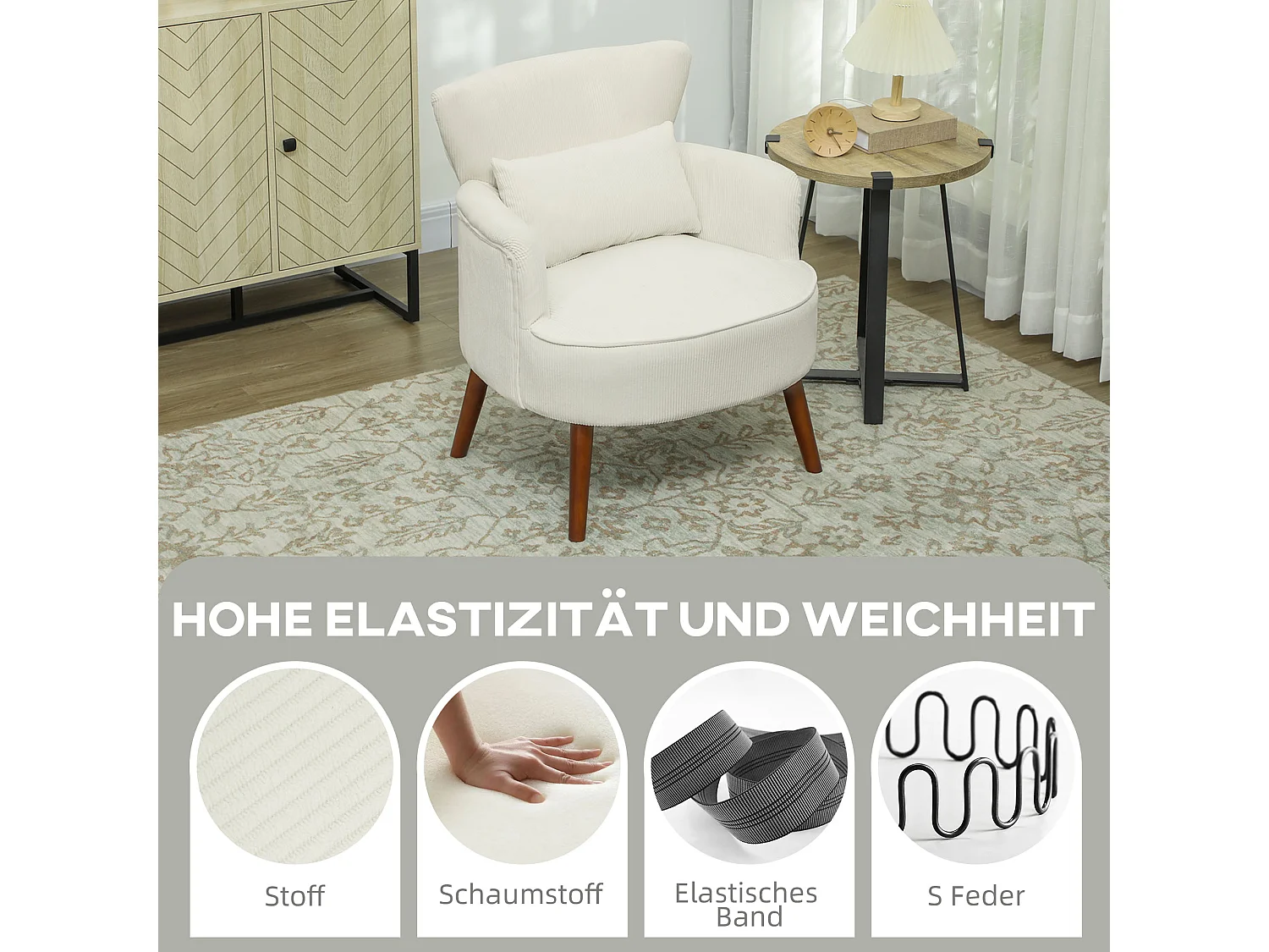 Fauteuil avec accoudoirs arrondis, en tissu chenille, avec pieds en bois, crème (69x69.5x78 cm)