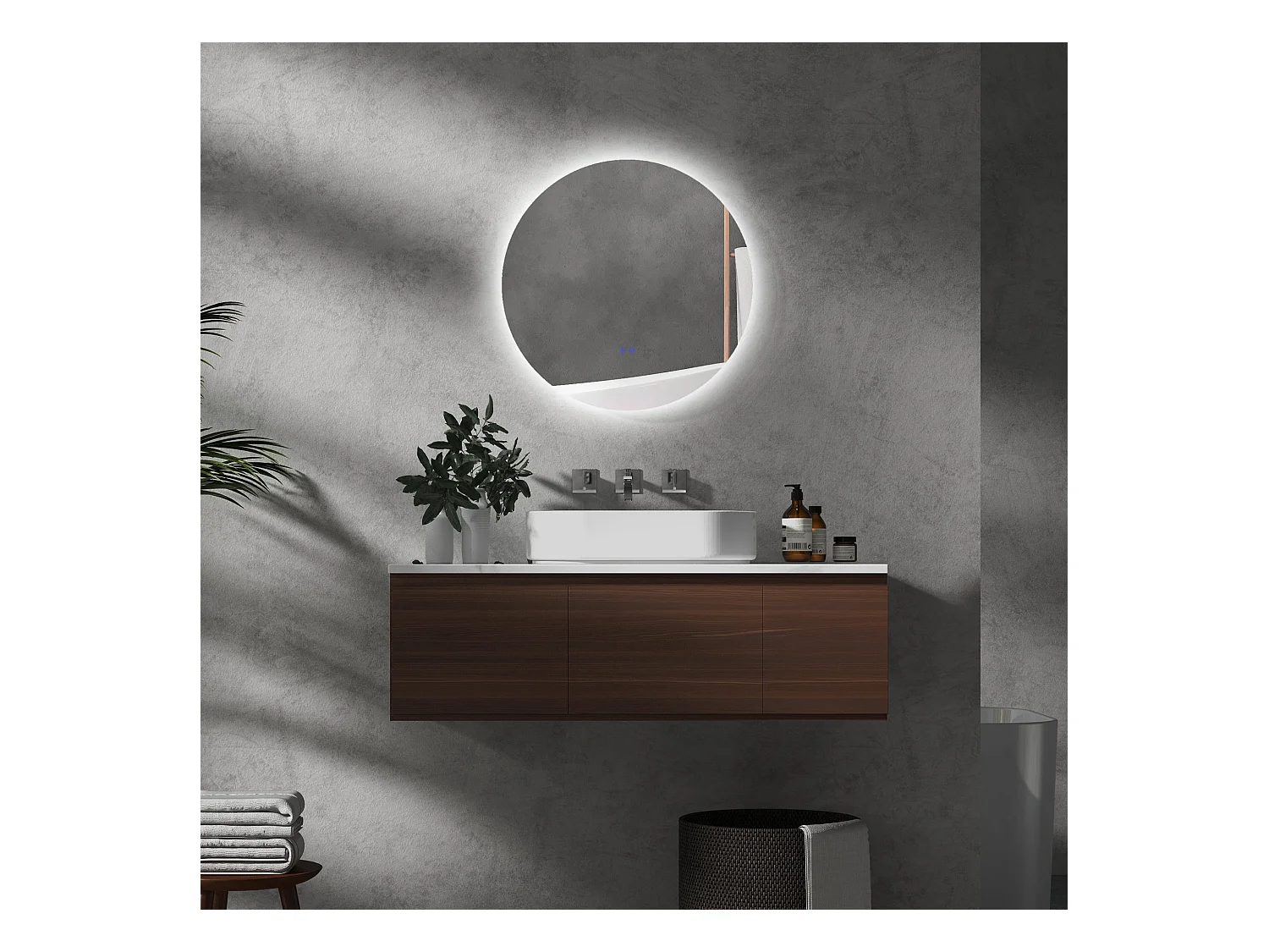 Miroir de salle de bain avec éclairage LED, Ø60 cm, 3 couleurs, fonction anti-buée, touche tactile, IP44 (60x60x3.5 cm)