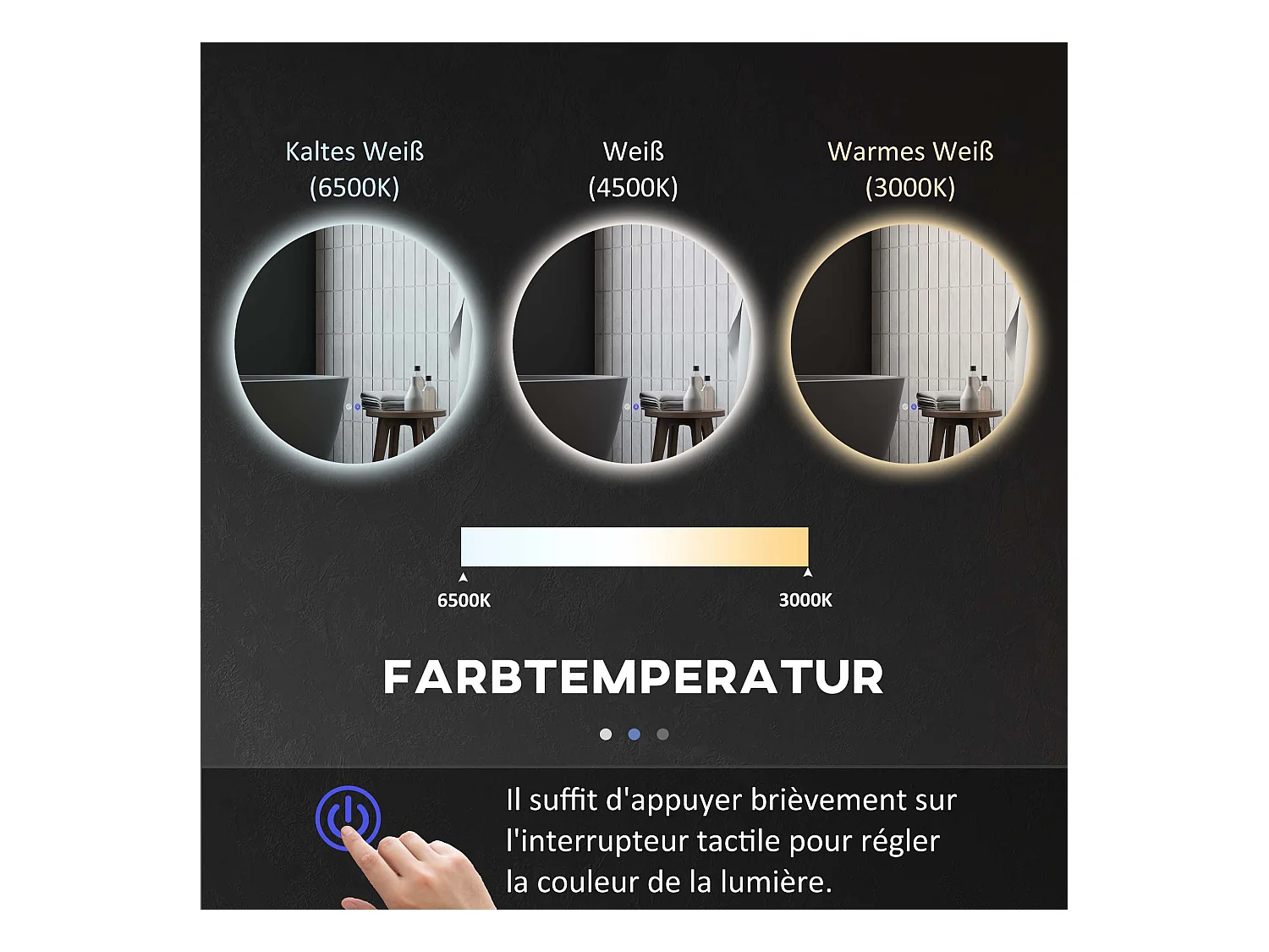 Miroir de salle de bain avec éclairage LED, Ø60 cm, 3 couleurs, fonction anti-buée, touche tactile, IP44 (60x60x3.5 cm)