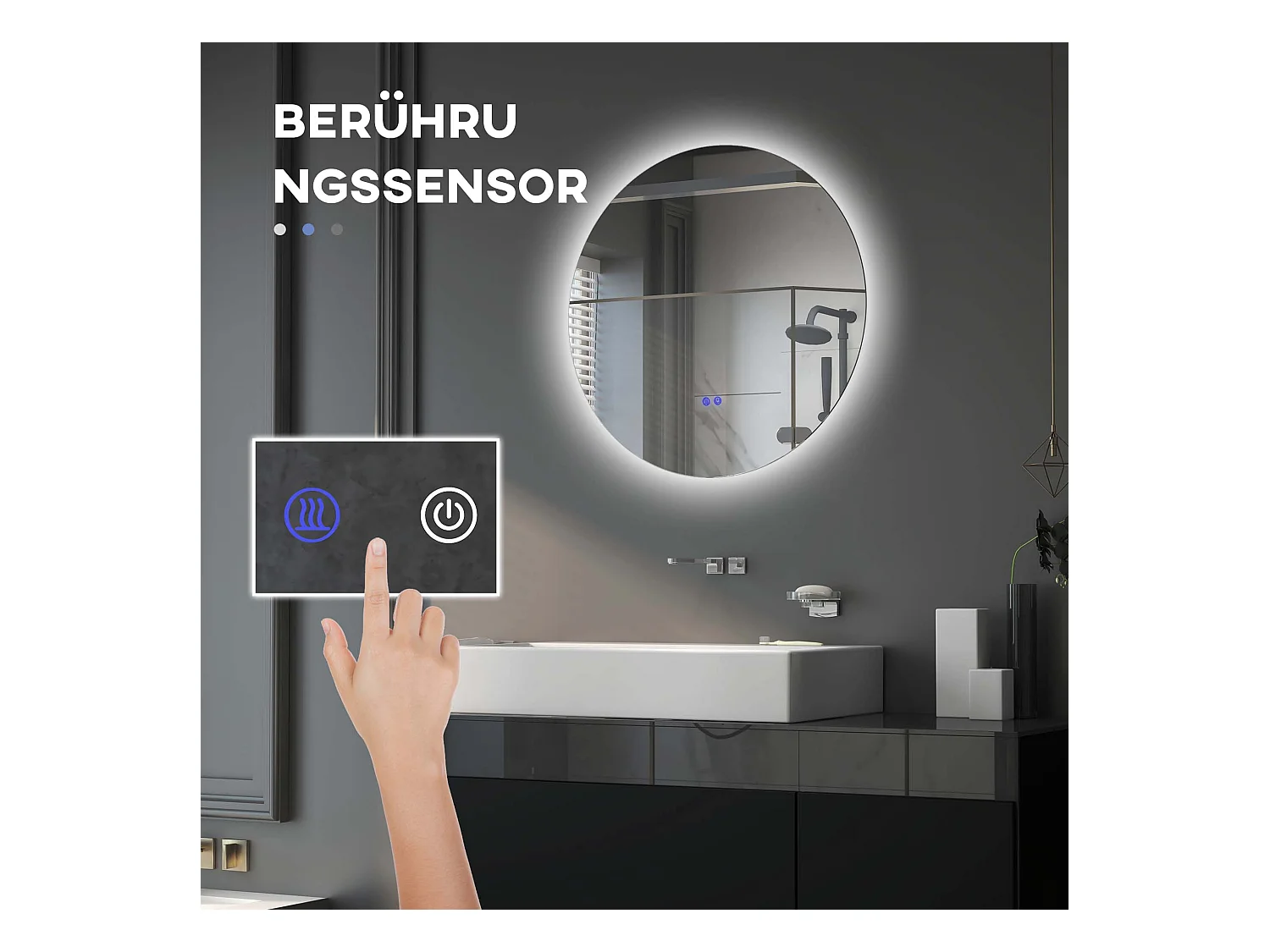 Miroir de salle de bain avec éclairage LED, Ø60 cm, 3 couleurs, fonction anti-buée, touche tactile, IP44 (60x60x3.5 cm)