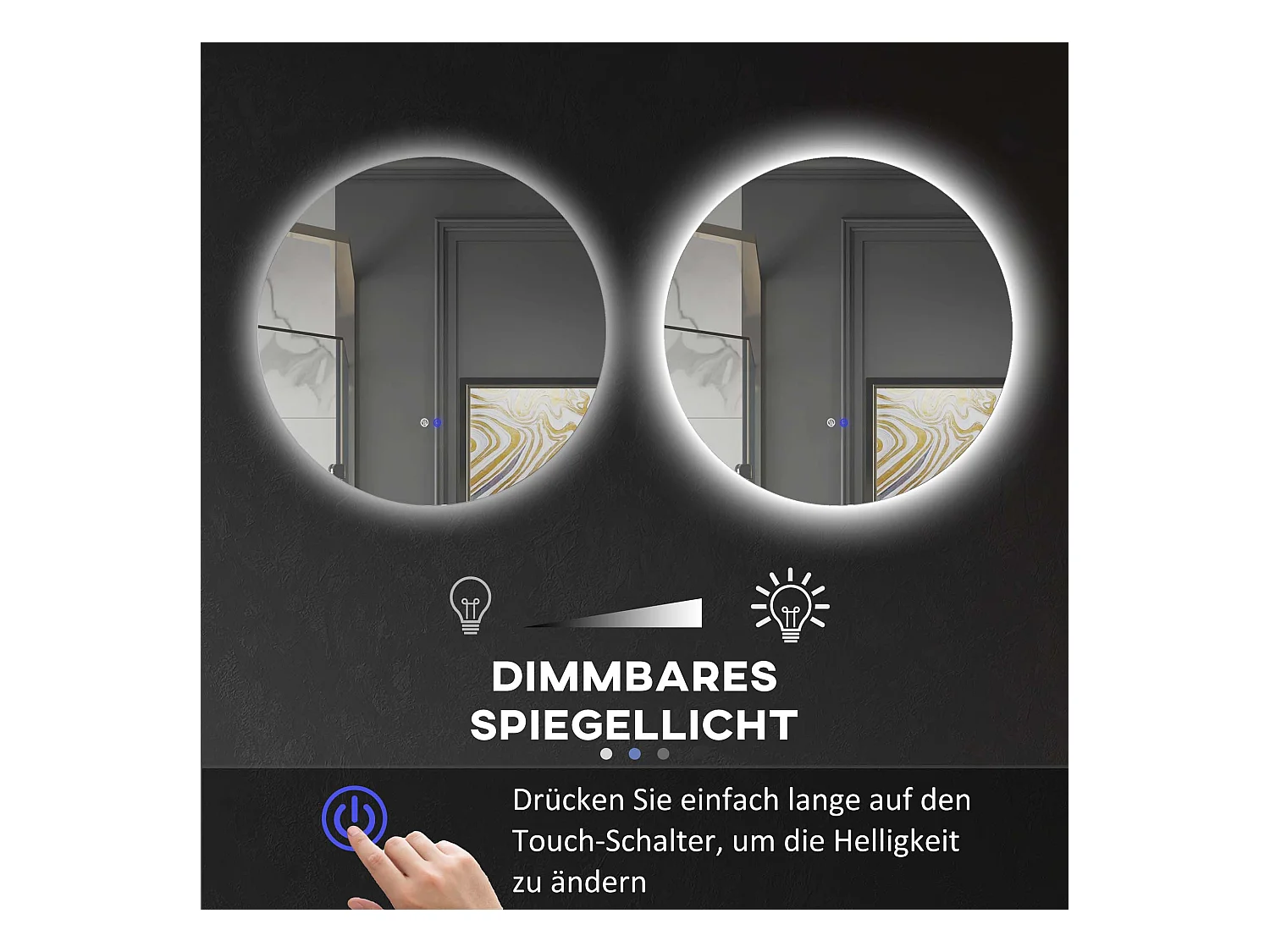 Miroir de salle de bain avec éclairage LED, Ø60 cm, 3 couleurs, fonction anti-buée, touche tactile, IP44 (60x60x3.5 cm)