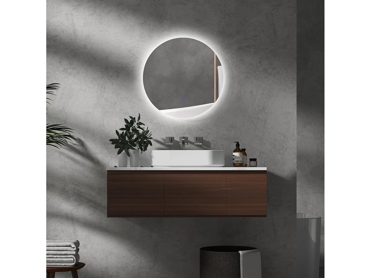 Miroir de salle de bain avec éclairage LED, Ø60 cm, 3 couleurs, fonction anti-buée, touche tactile, IP44 (60x60x3.5 cm)