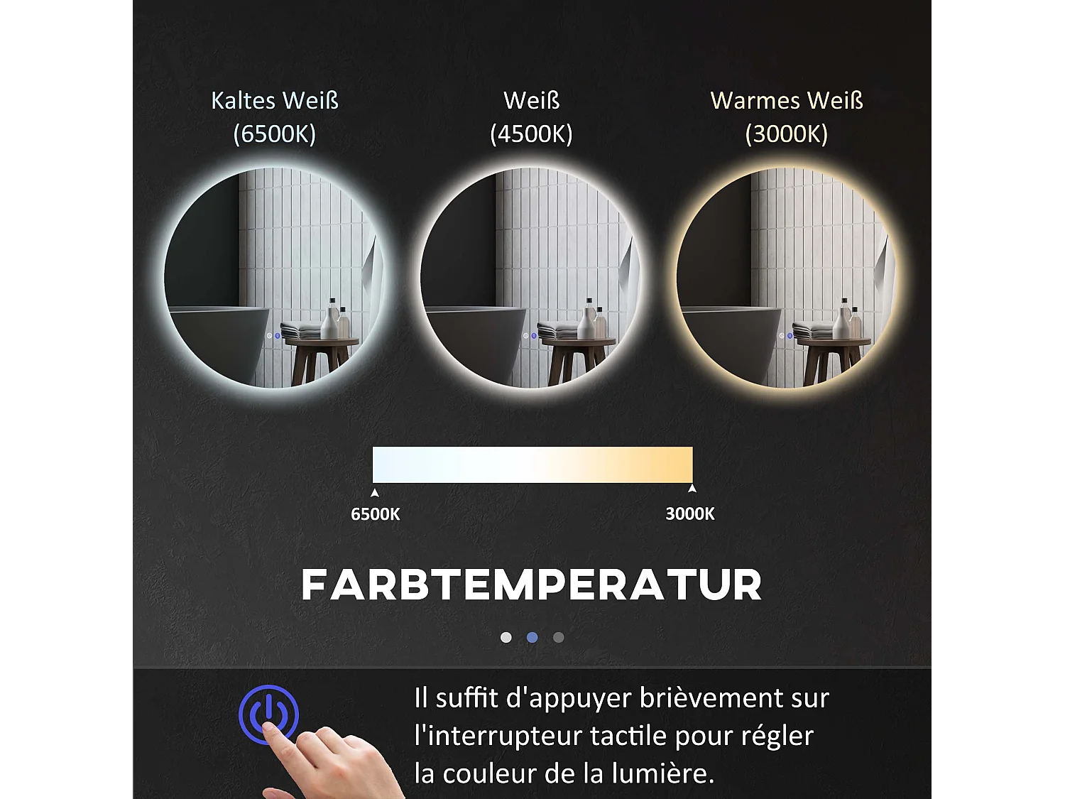 Miroir de salle de bain avec éclairage LED, Ø60 cm, 3 couleurs, fonction anti-buée, touche tactile, IP44 (60x60x3.5 cm)