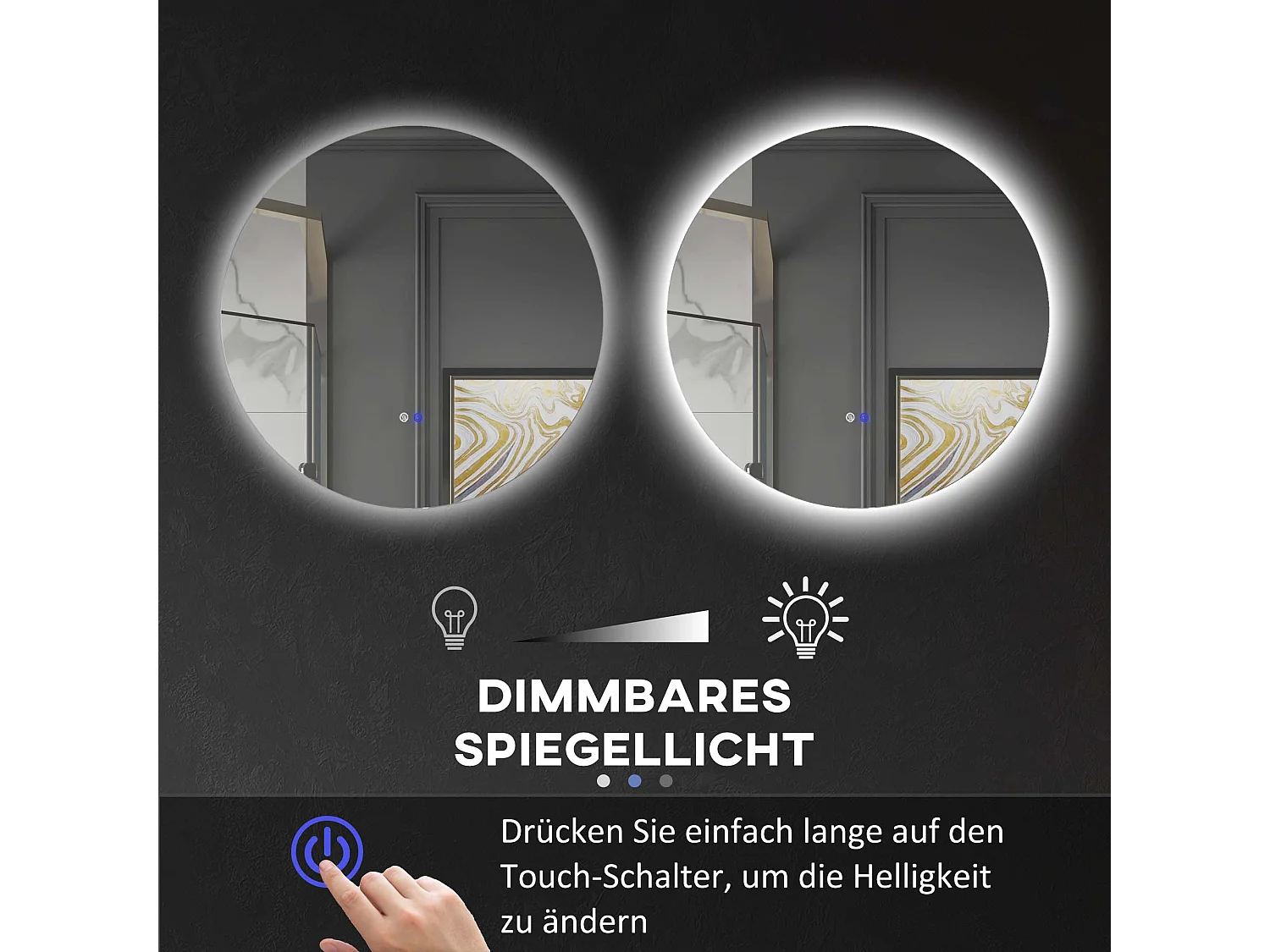 Miroir de salle de bain avec éclairage LED, Ø60 cm, 3 couleurs, fonction anti-buée, touche tactile, IP44 (60x60x3.5 cm)