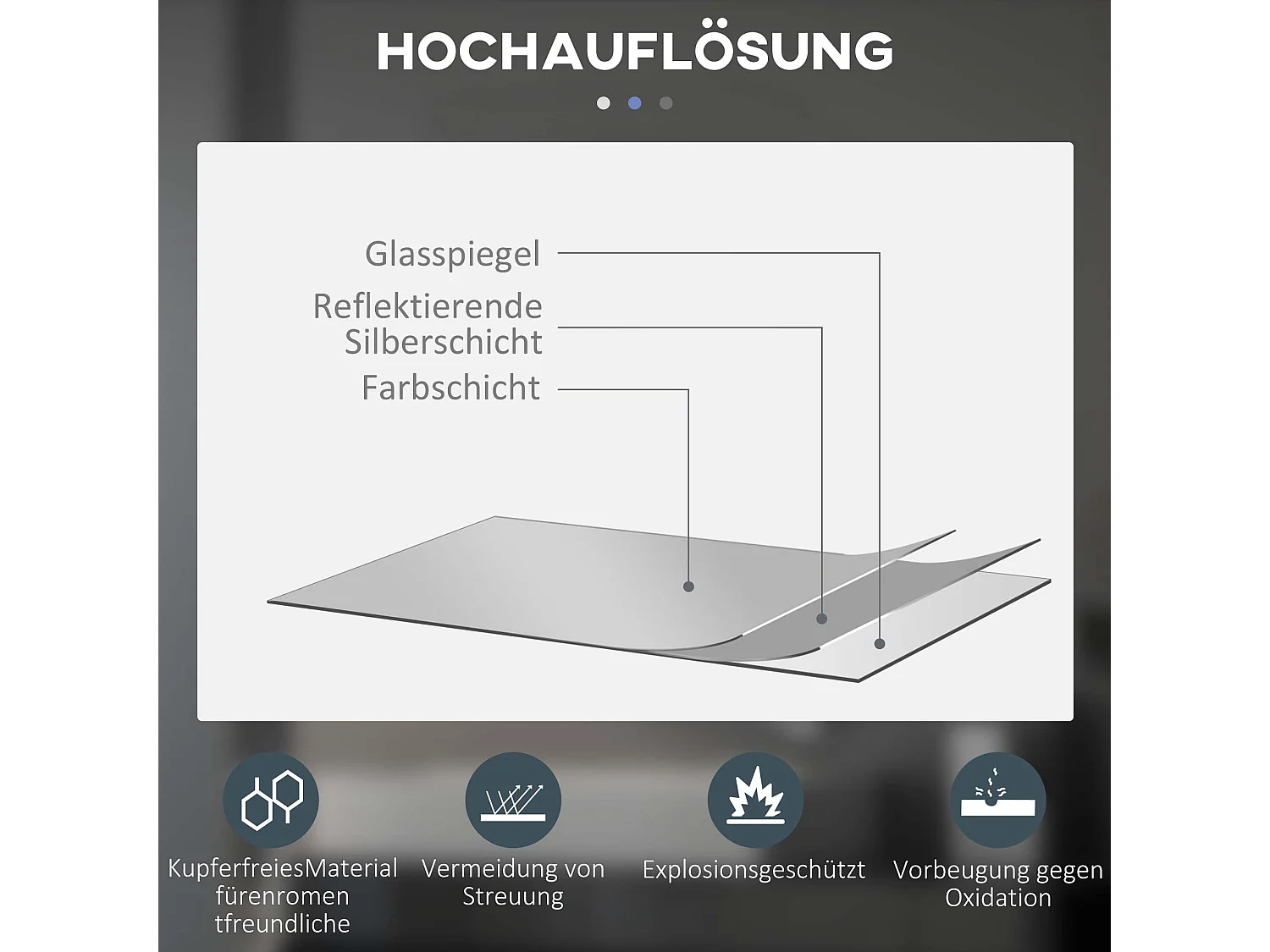 Miroir de salle de bain avec éclairage LED, Ø60 cm, 3 couleurs, fonction anti-buée, touche tactile, IP44 (60x60x3.5 cm)