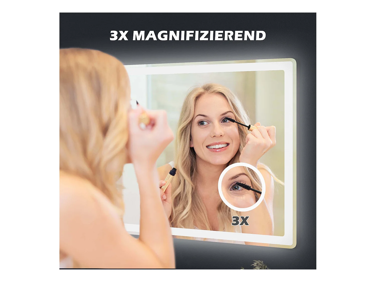 Miroir LED pour salle de bain avec 3x zoom, fonction tactile, 3 couleurs de lumière, antibuée, métal, blanc (80x3.8x60 cm)