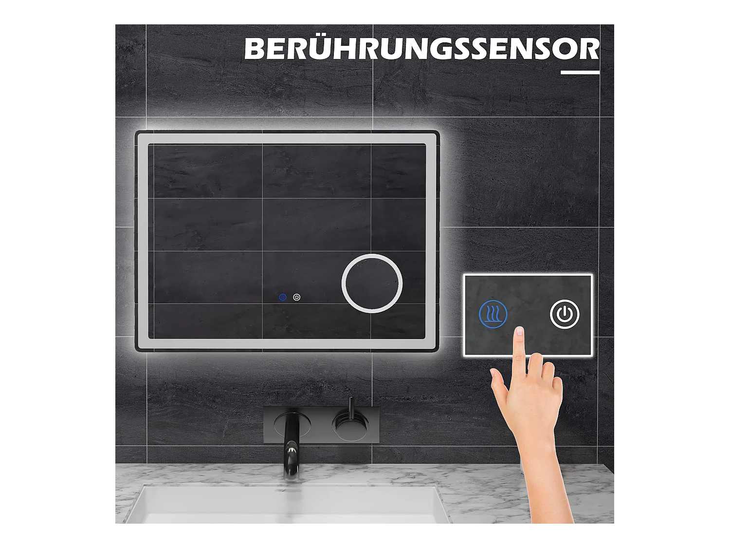 Miroir LED pour salle de bain avec 3x zoom, fonction tactile, 3 couleurs de lumière, antibuée, métal, blanc (80x3.8x60 cm)