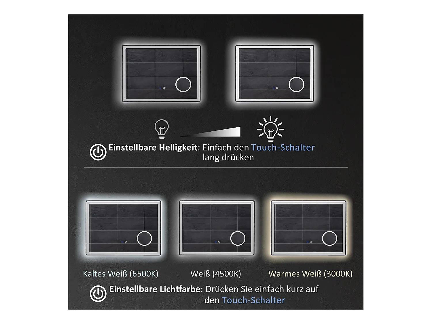 Miroir LED pour salle de bain avec 3x zoom, fonction tactile, 3 couleurs de lumière, antibuée, métal, blanc (80x3.8x60 cm)