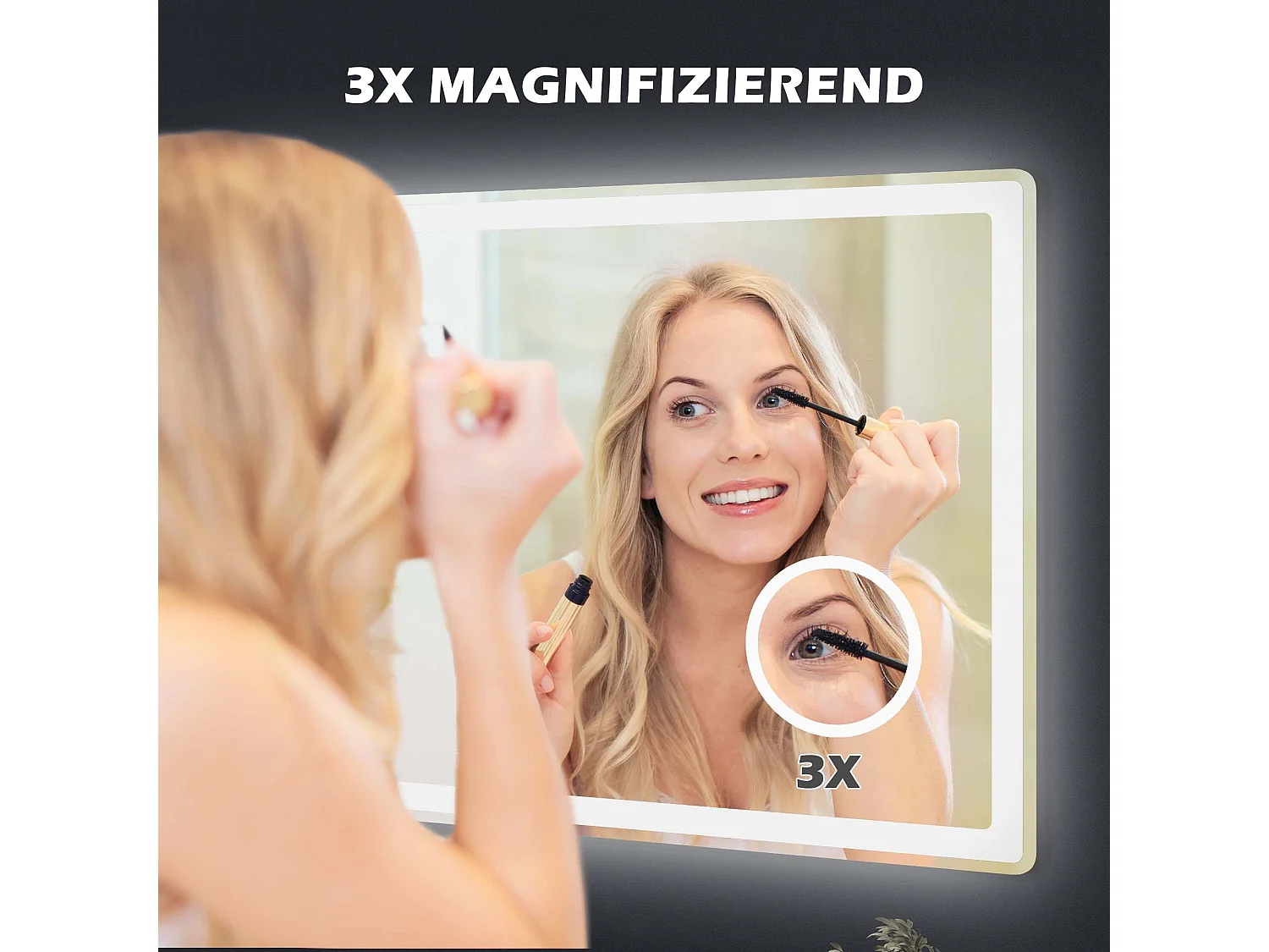Miroir LED pour salle de bain avec 3x zoom, fonction tactile, 3 couleurs de lumière, antibuée, métal, blanc (80x3.8x60 cm)