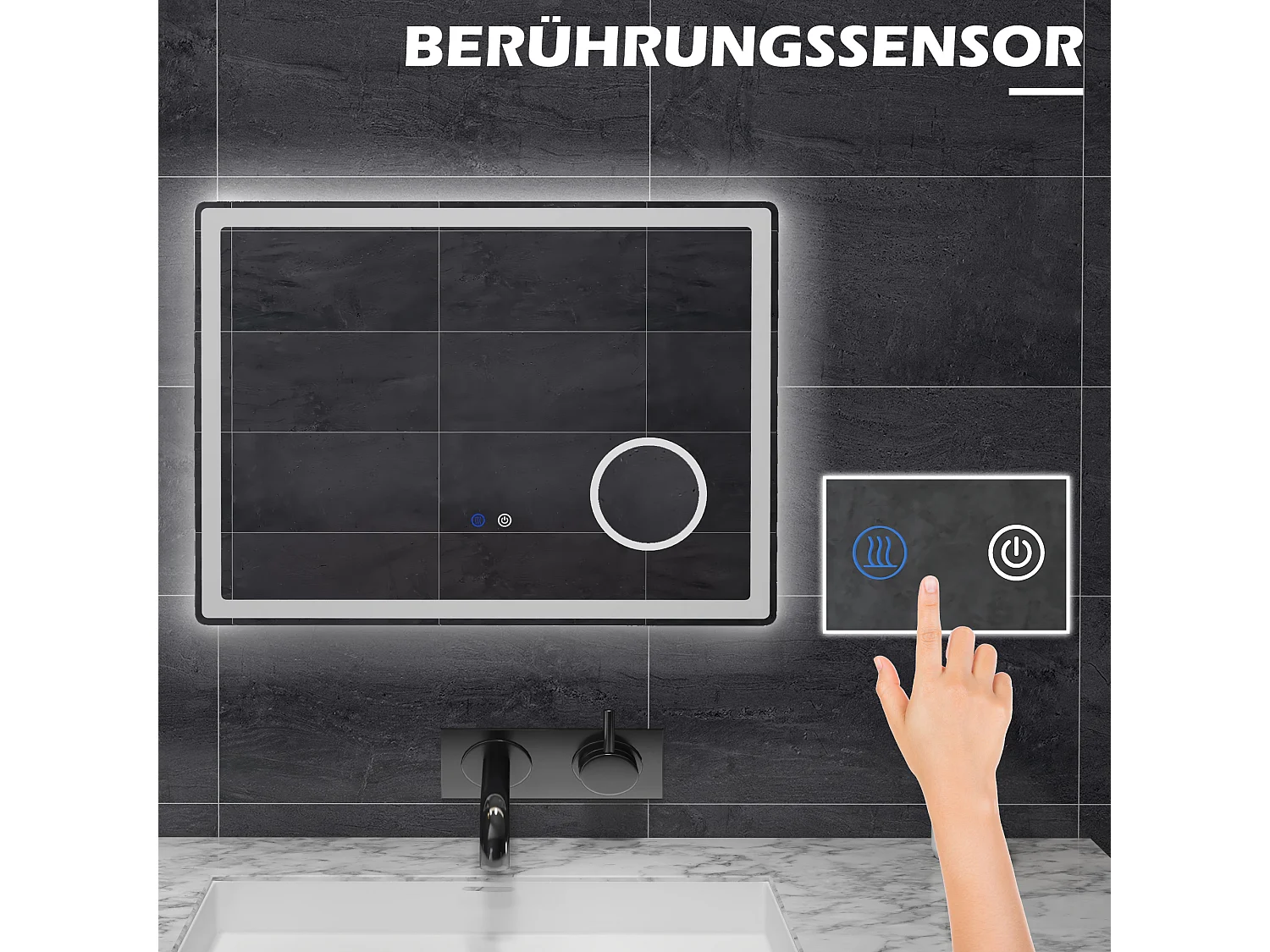 Miroir LED pour salle de bain avec 3x zoom, fonction tactile, 3 couleurs de lumière, antibuée, métal, blanc (80x3.8x60 cm)