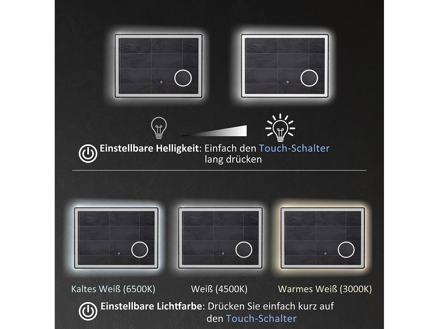 Miroir LED pour salle de bain avec 3x zoom, fonction tactile, 3 couleurs de lumière, antibuée, métal, blanc (80x3.8x60 cm)