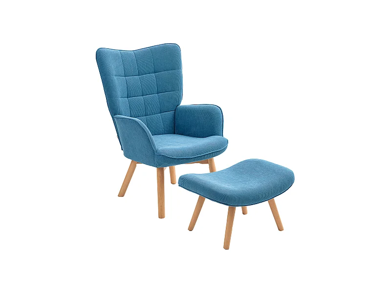 Sillón relax con reposapiés, respaldo alto, diseño capitoné, en pana, azul (72x80x101 cm)