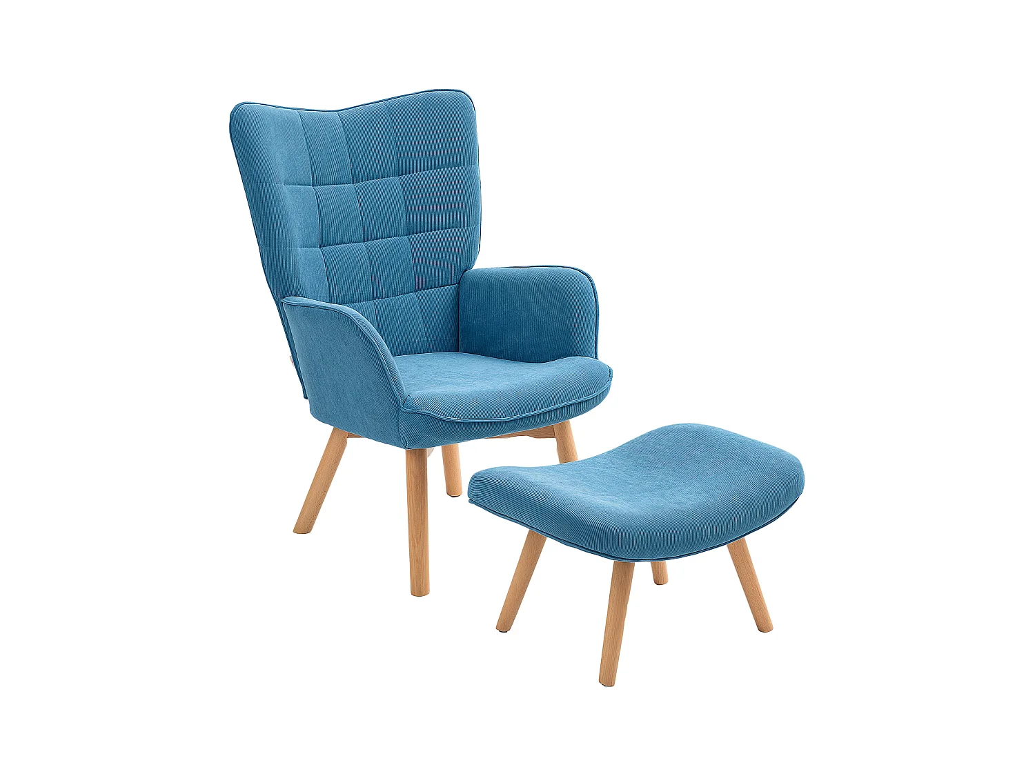 Fauteuil relax avec repose-pieds, haut dossier, design tufté, en corduroy, bleu (72x80x101 cm)