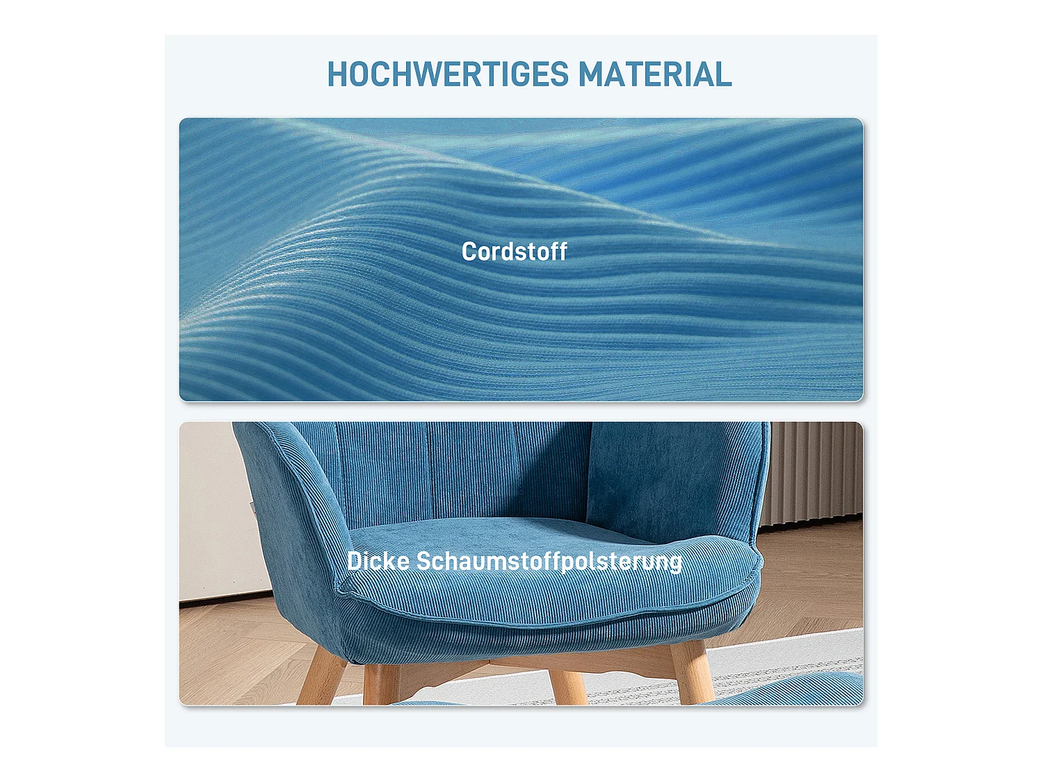 Fauteuil relax avec repose-pieds, haut dossier, design tufté, en corduroy, bleu (72x80x101 cm)