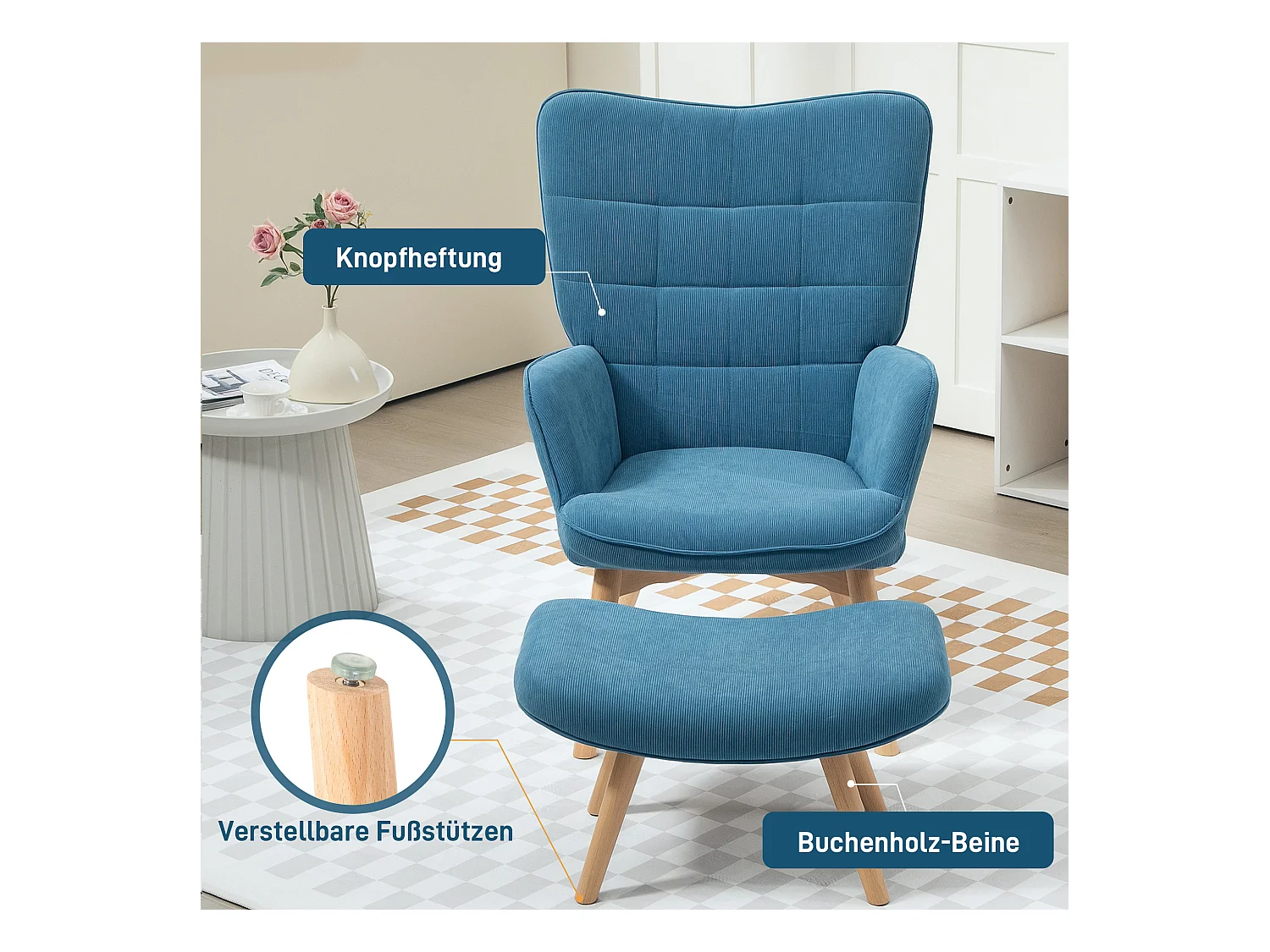 Fauteuil relax avec repose-pieds, haut dossier, design tufté, en corduroy, bleu (72x80x101 cm)